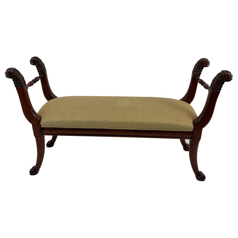 Classic Henredon Carved Mahogany & Upholstered Bench with Lions For Sale
