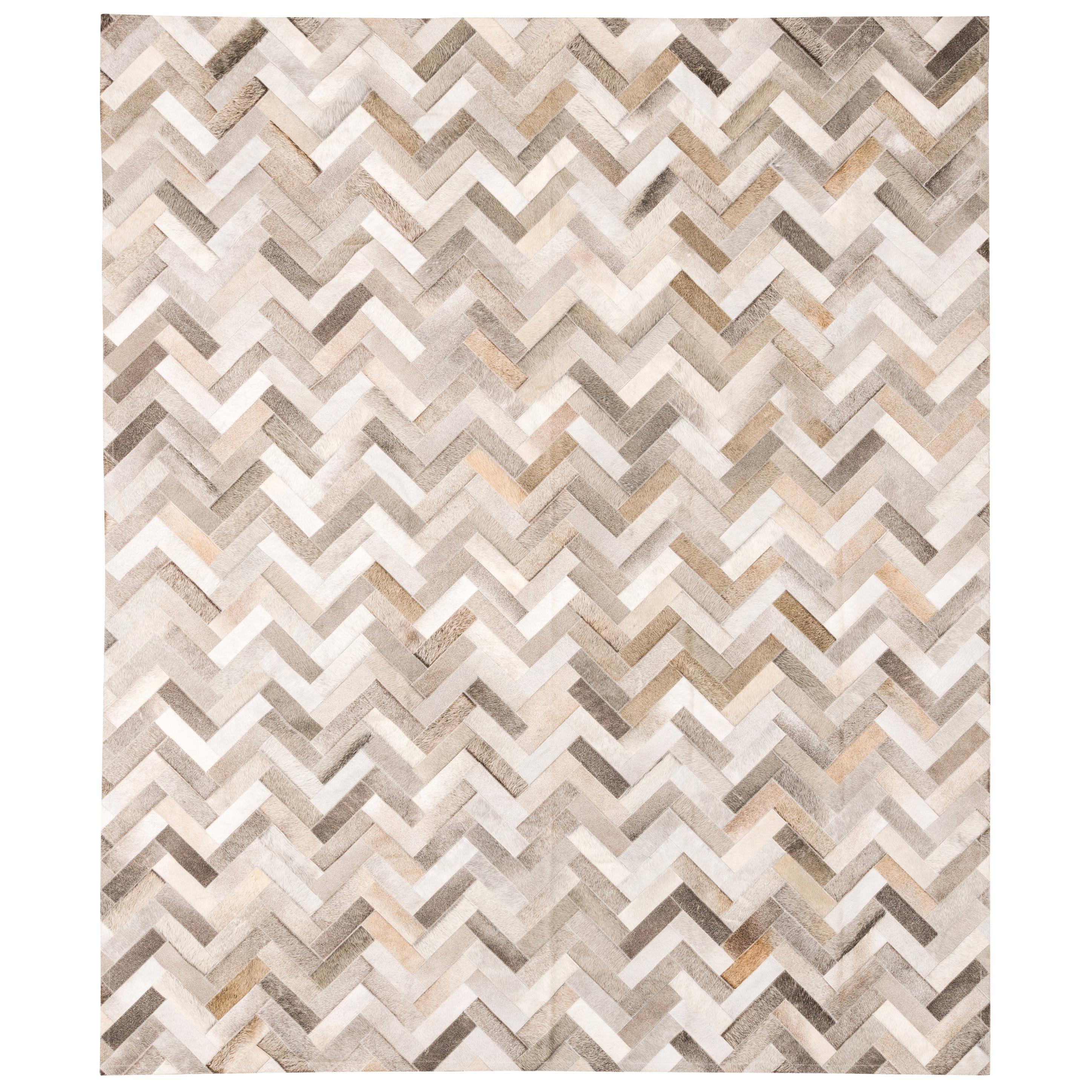 Classic Herringbone Large Gray Customizable Espina Cowhide Area Floor Rug