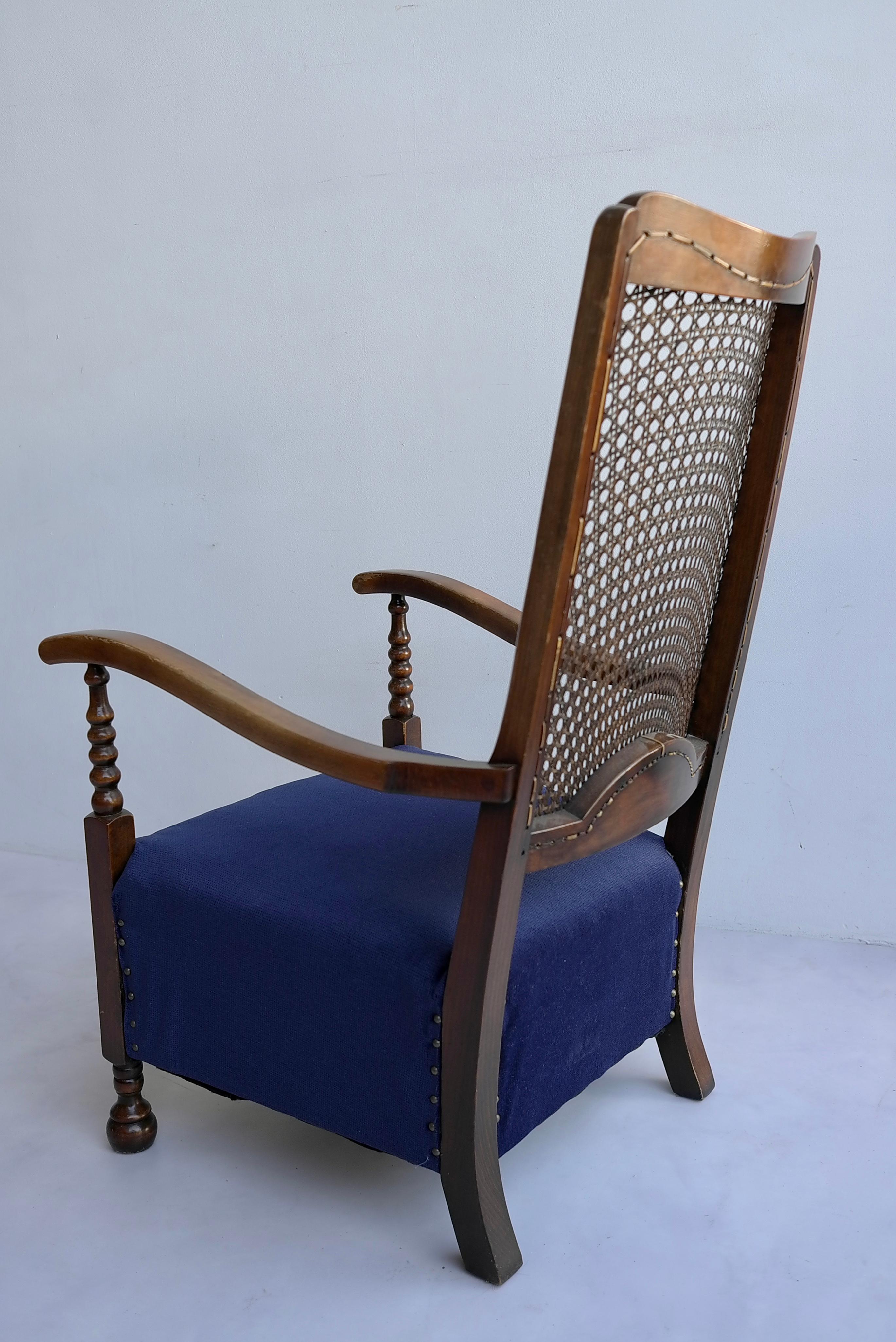 European Classic Highback Lounge Chair with Blue Seat and Wooven Rattan Back