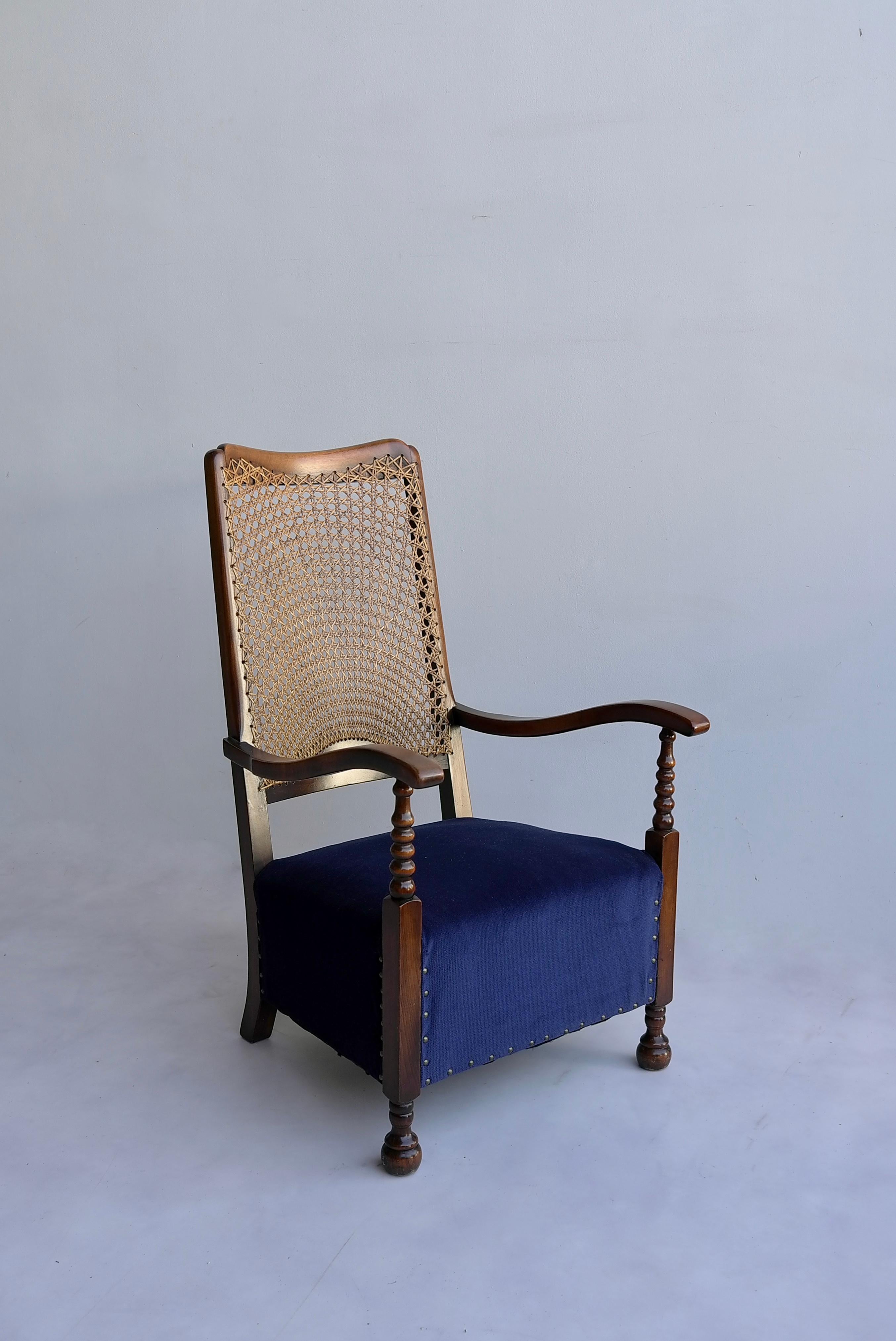 Classic Highback Lounge Chair with Blue Seat and Wooven Rattan Back 2