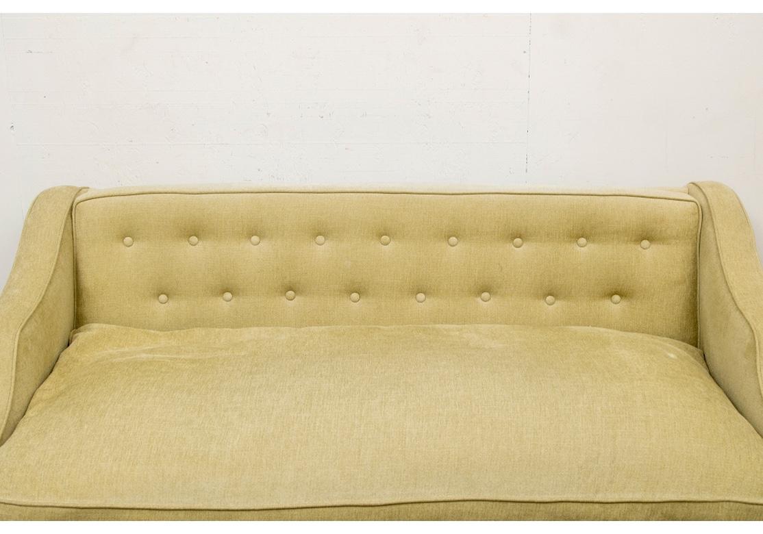 Wood Classic Hollywood Regency Light Green / Sage Button Tufted Sofa For Sale