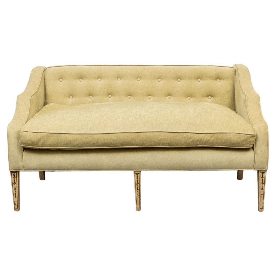 Classic Hollywood Regency Light Green / Sage Button Tufted Sofa