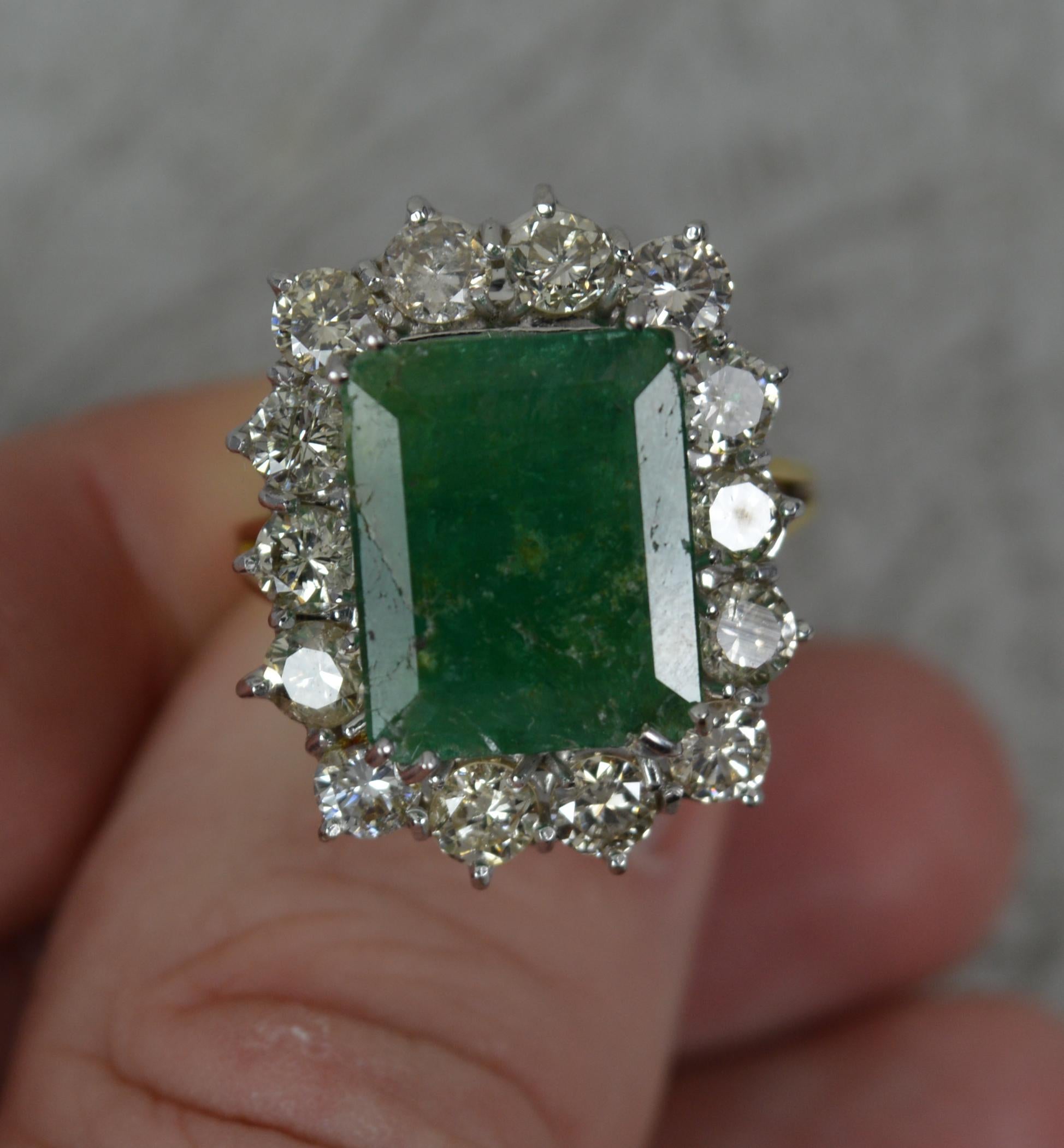 Classic Huge 18ct Gold 7ct Emerald and 2.7ct Diamond Cluster Ring For Sale 5