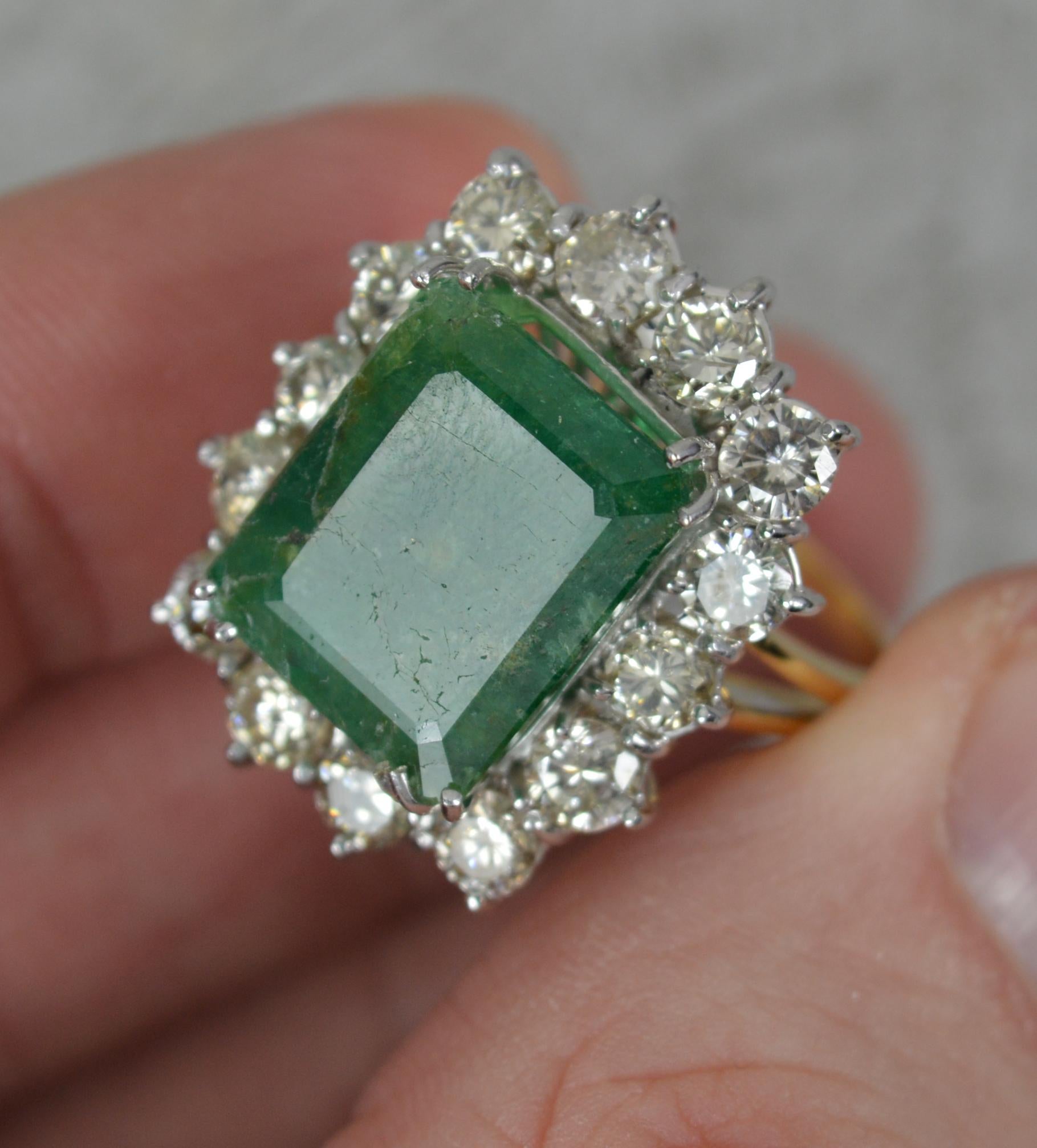 Classic Huge 18ct Gold 7ct Emerald and 2.7ct Diamond Cluster Ring For Sale 6