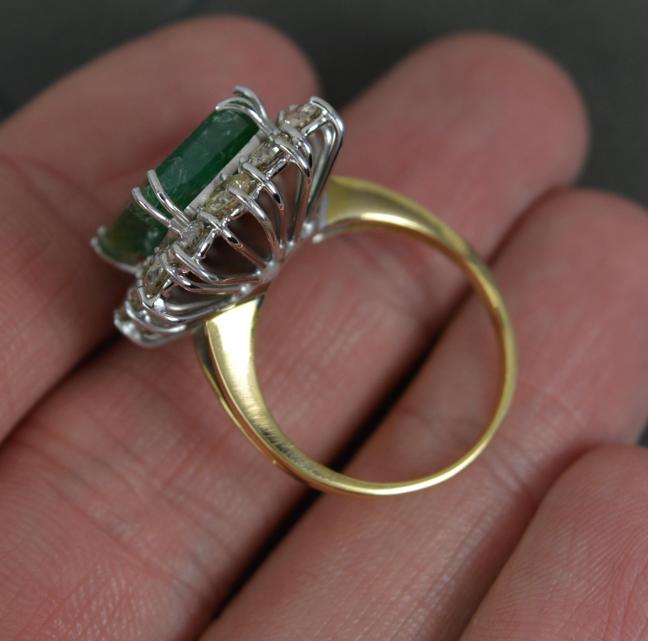 Classic Huge 18ct Gold 7ct Emerald and 2.7ct Diamond Cluster Ring In Good Condition For Sale In St Helens, GB