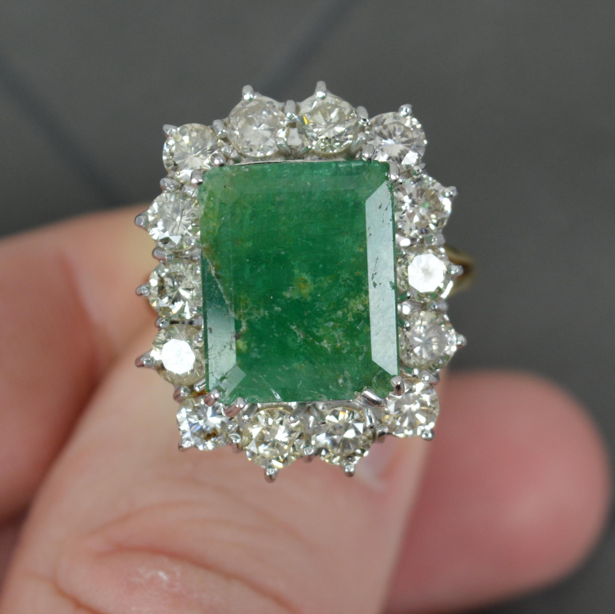 Classic Huge 18ct Gold 7ct Emerald and 2.7ct Diamond Cluster Ring For Sale 4