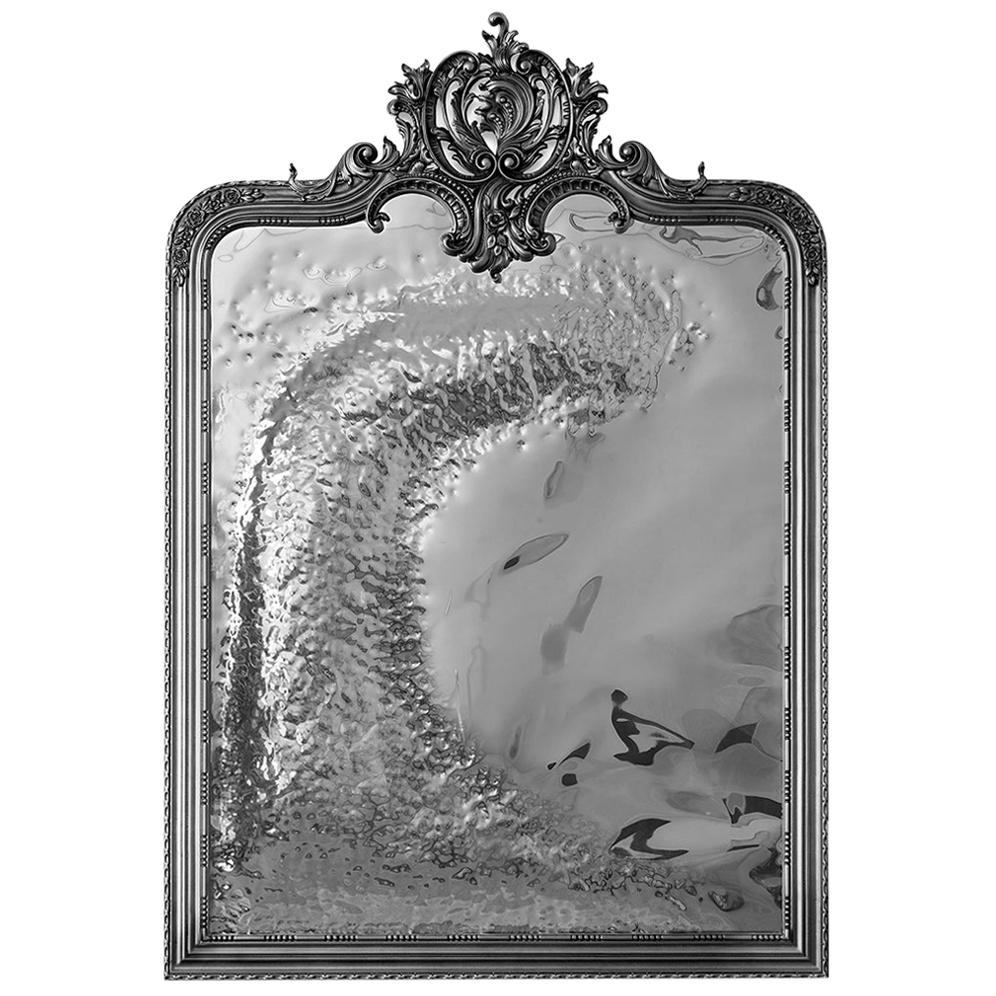 Classic Imaginarium Wall Mirror in Black Carved Wood and Polished Inox