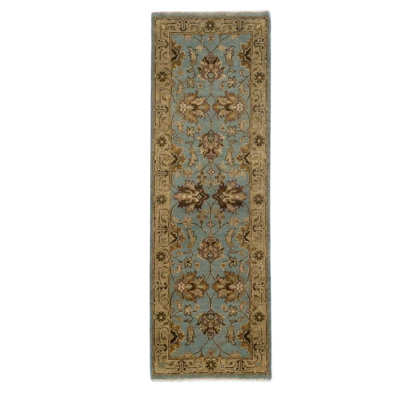 Classic Indian Hand-Knotted Oushak Wool Runner Rug 2x8 Blue For Sale
