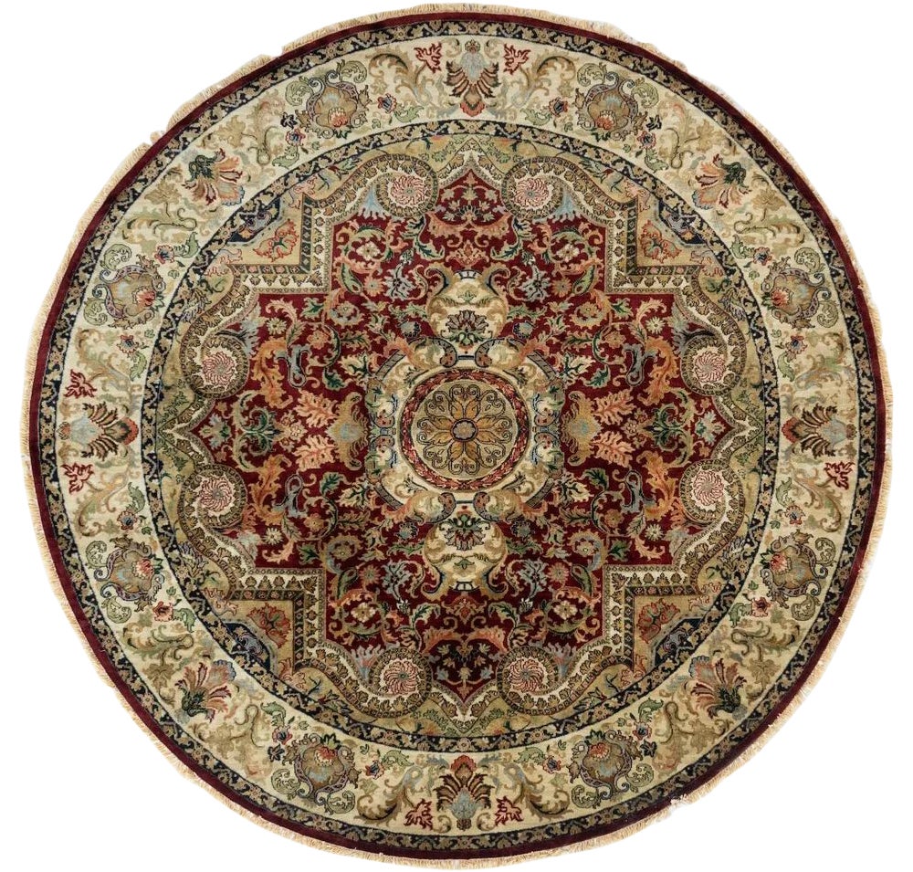 Classic Indian Hand-Knotted Tabriz Wool Round Area Rug 8x8