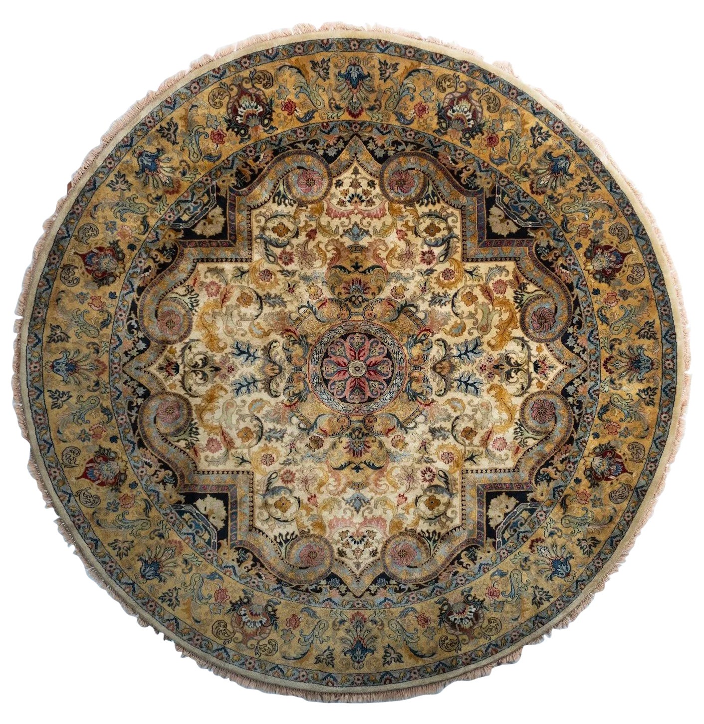 Classic Indian Hand-Knotted Tabriz Wool Round Rug 8x8 Burgundy