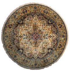 Classic Indian Hand-Knotted Tabriz Wool Round Rug 8x8 Burgundy
