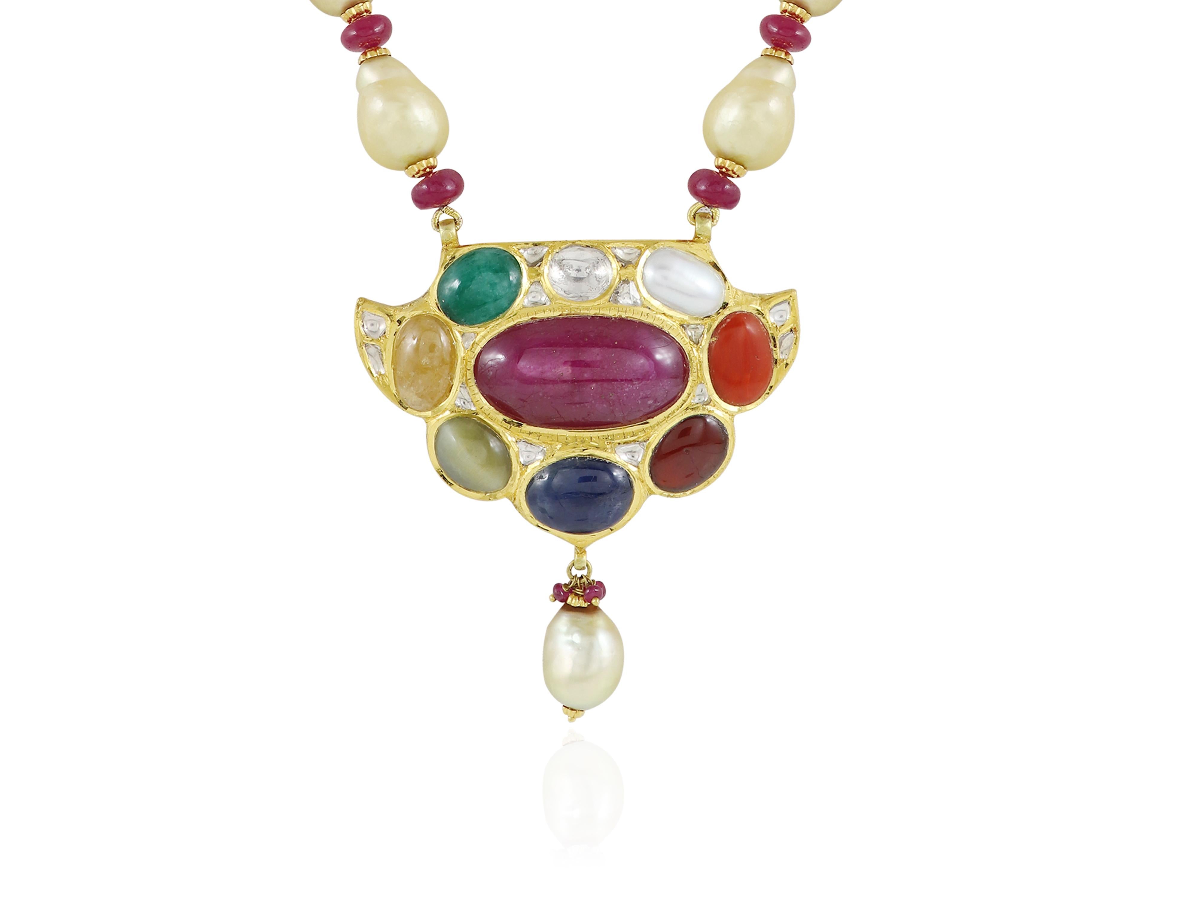 Classic Indian wedding jewellery, Navratna gold and diamond polki pendant For Sale 2