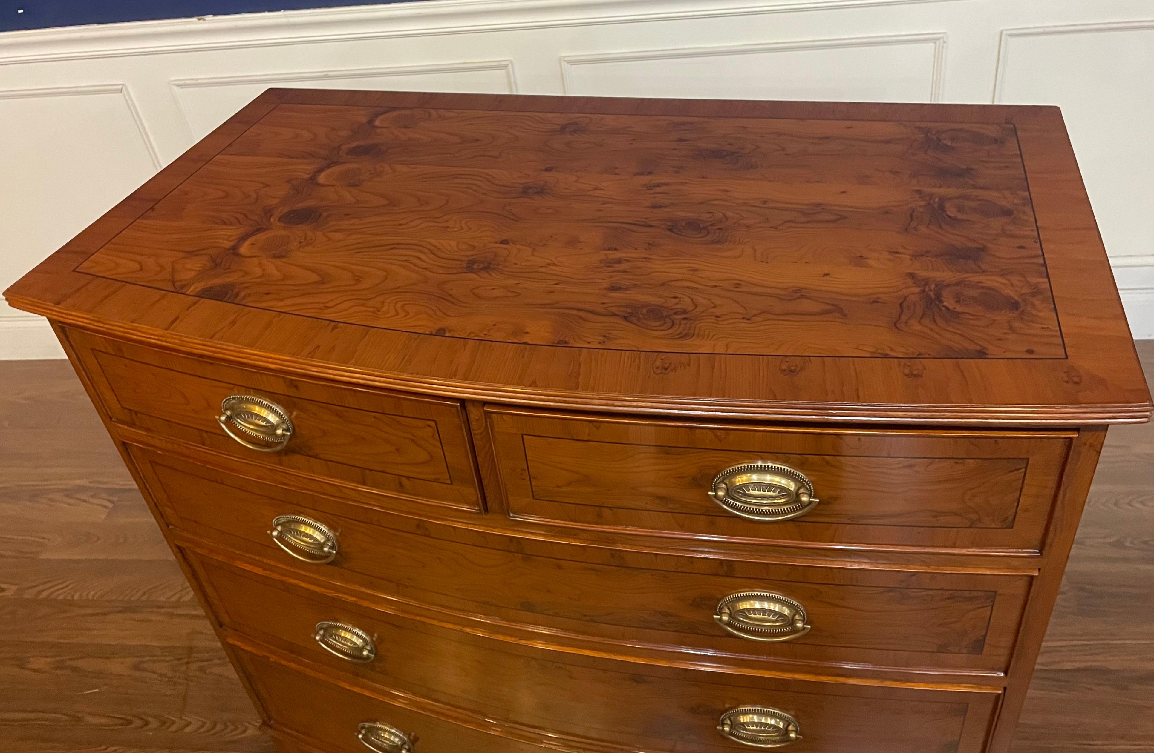 Classic Inlaid Bow Front Yew Wood Chest by Leighton Hall - Showroom Sample  In New Condition For Sale In Suwanee, GA