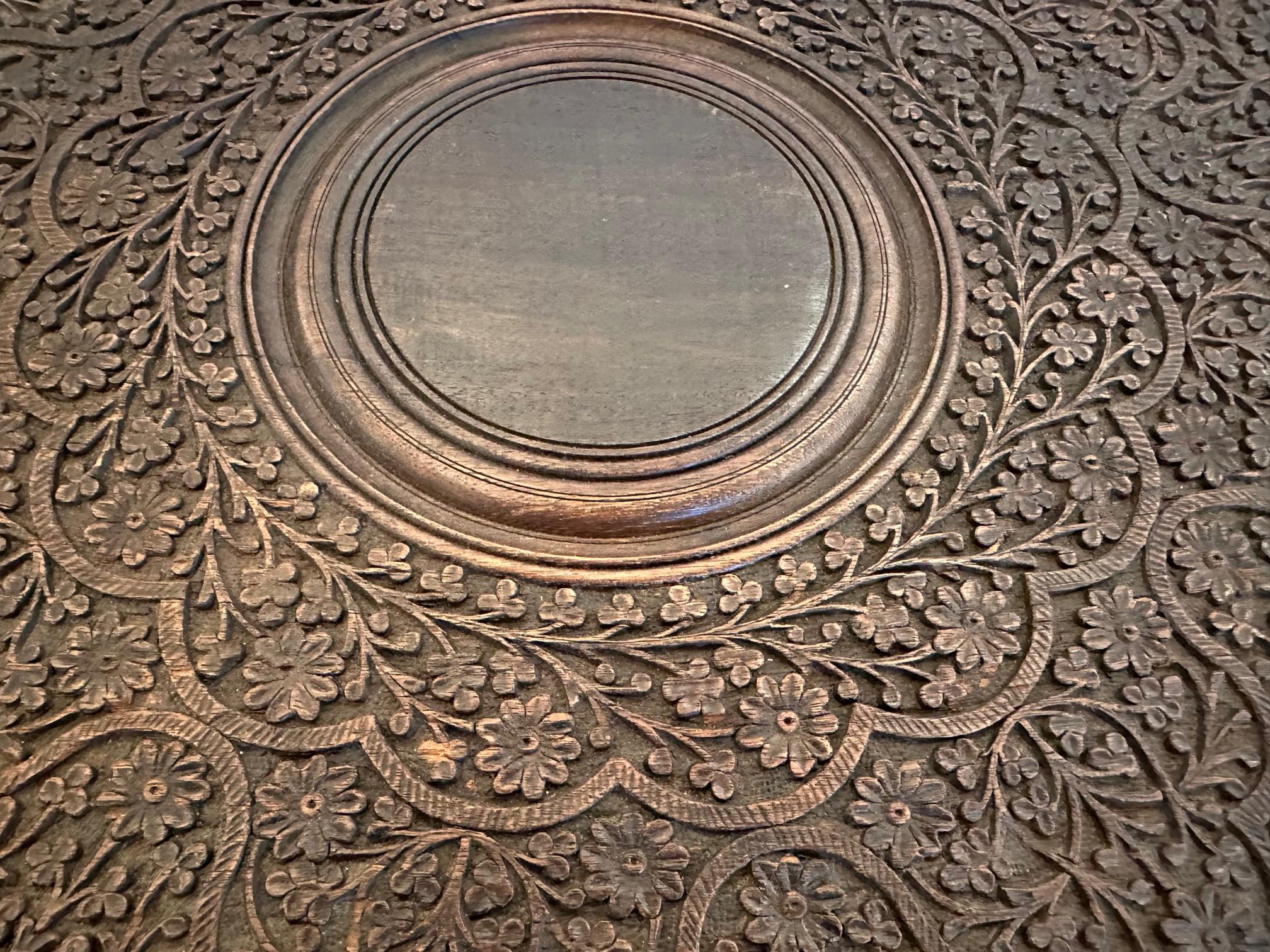 Classic Intricately Carved Wood Anglo Indian Round End Side Table For Sale 1