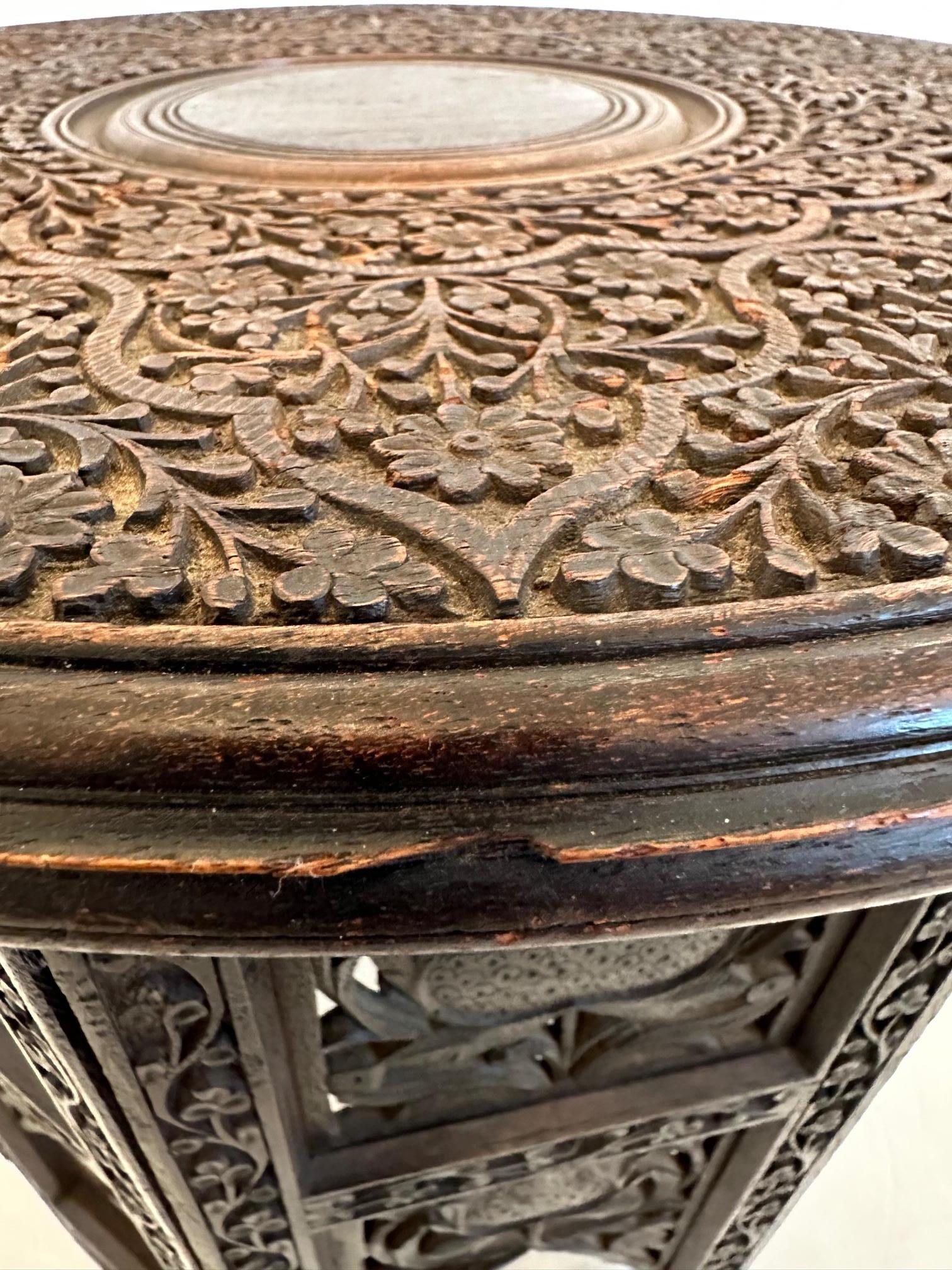 Classic Intricately Carved Wood Anglo Indian Round End Side Table For Sale 2