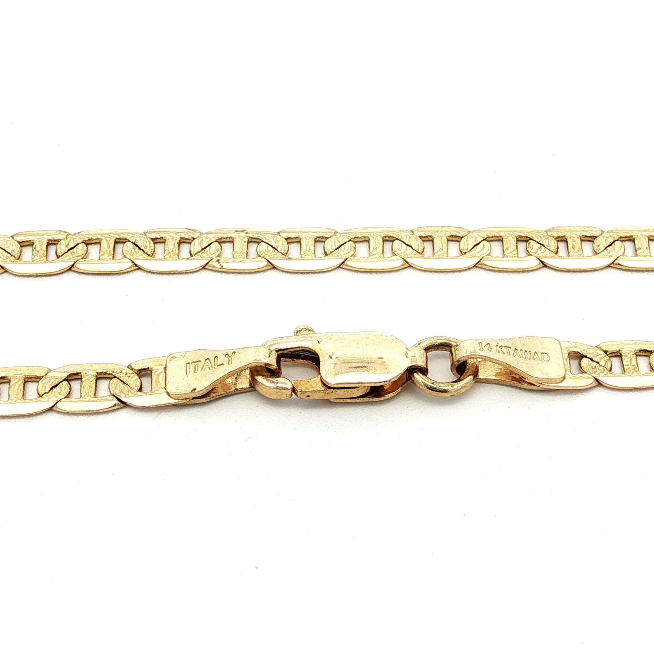 Material: Oro amarillo macizo de 14 quilates
Peso: 6,7 gramos 
Tipo: Eslabón plano de cadena Mariner de 3,4 mm
Longitud: 16