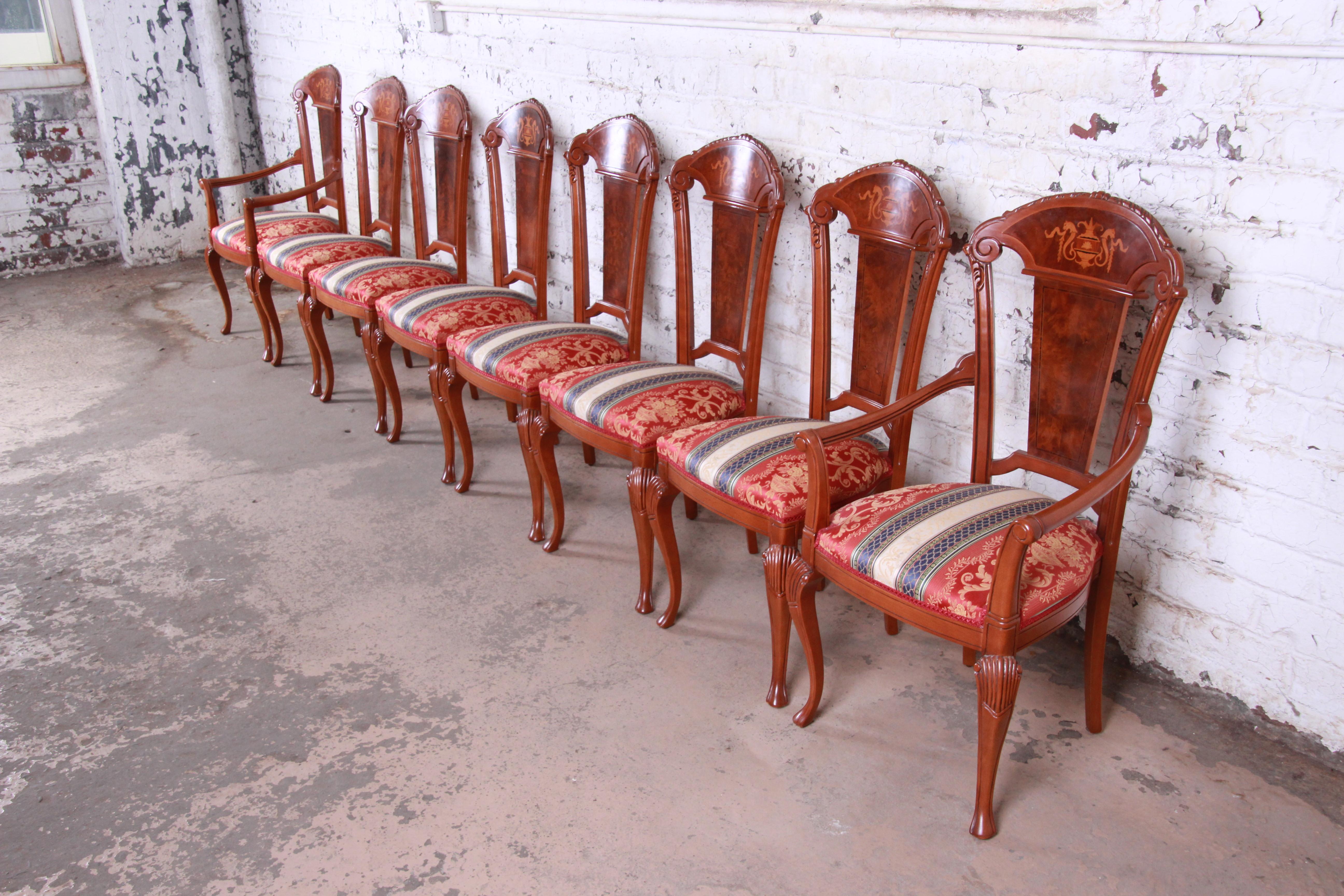 Classic Italian Baroque Carved and Inlaid Dining Chairs, Set of Eight In Good Condition In South Bend, IN