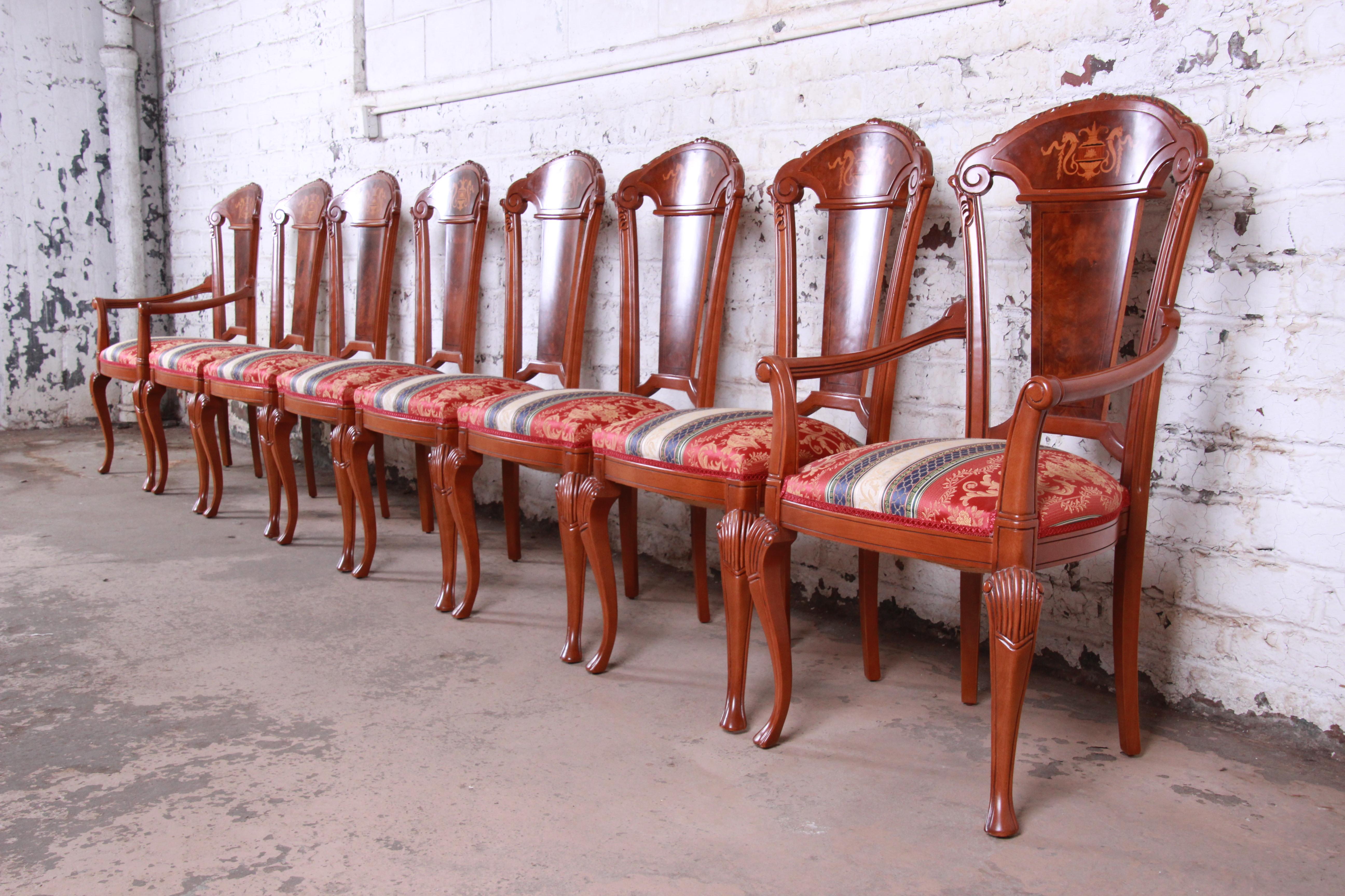 20th Century Classic Italian Baroque Carved and Inlaid Dining Chairs, Set of Eight