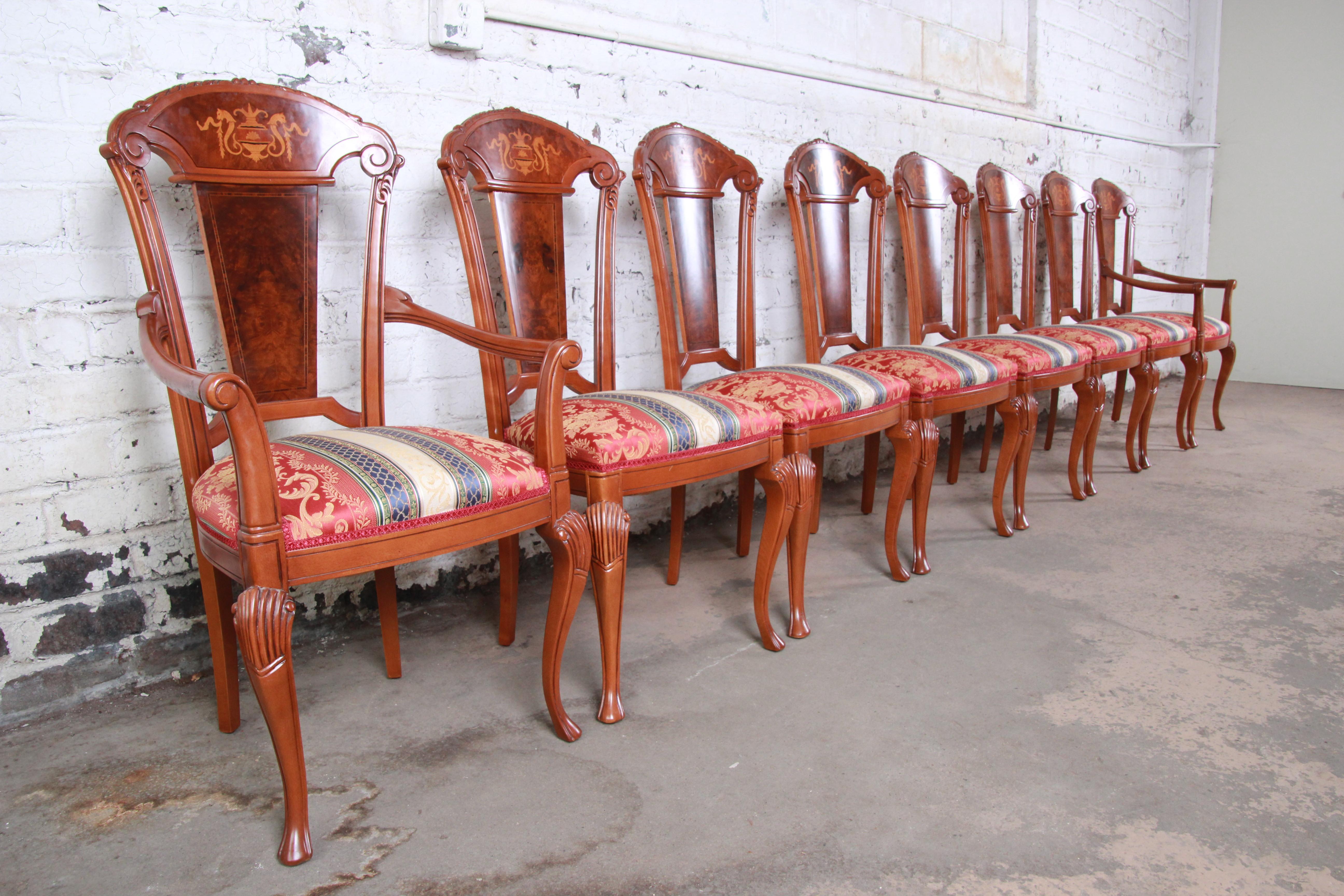 Upholstery Classic Italian Baroque Carved and Inlaid Dining Chairs, Set of Eight