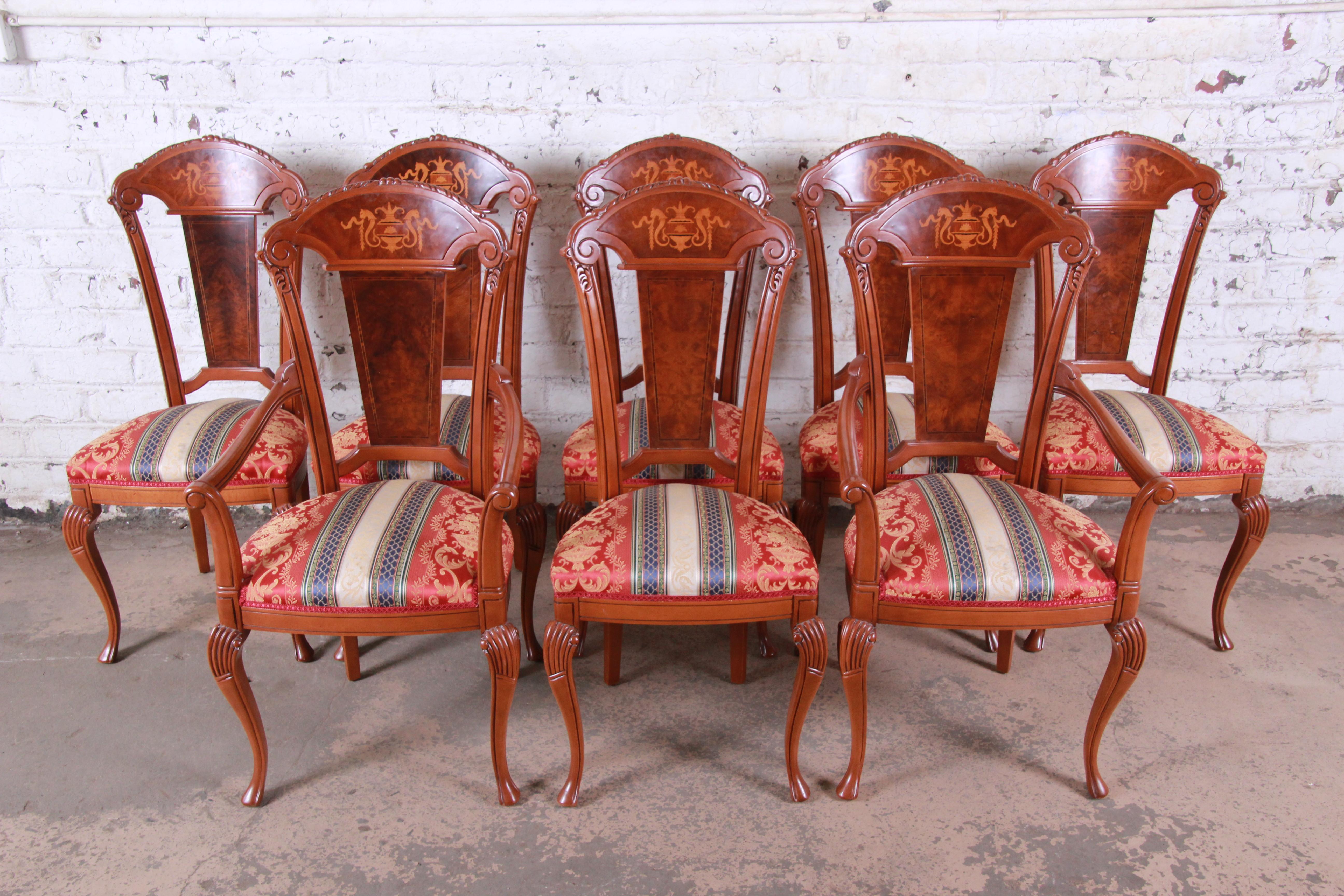 Classic Italian Baroque Carved and Inlaid Dining Chairs, Set of Eight 1