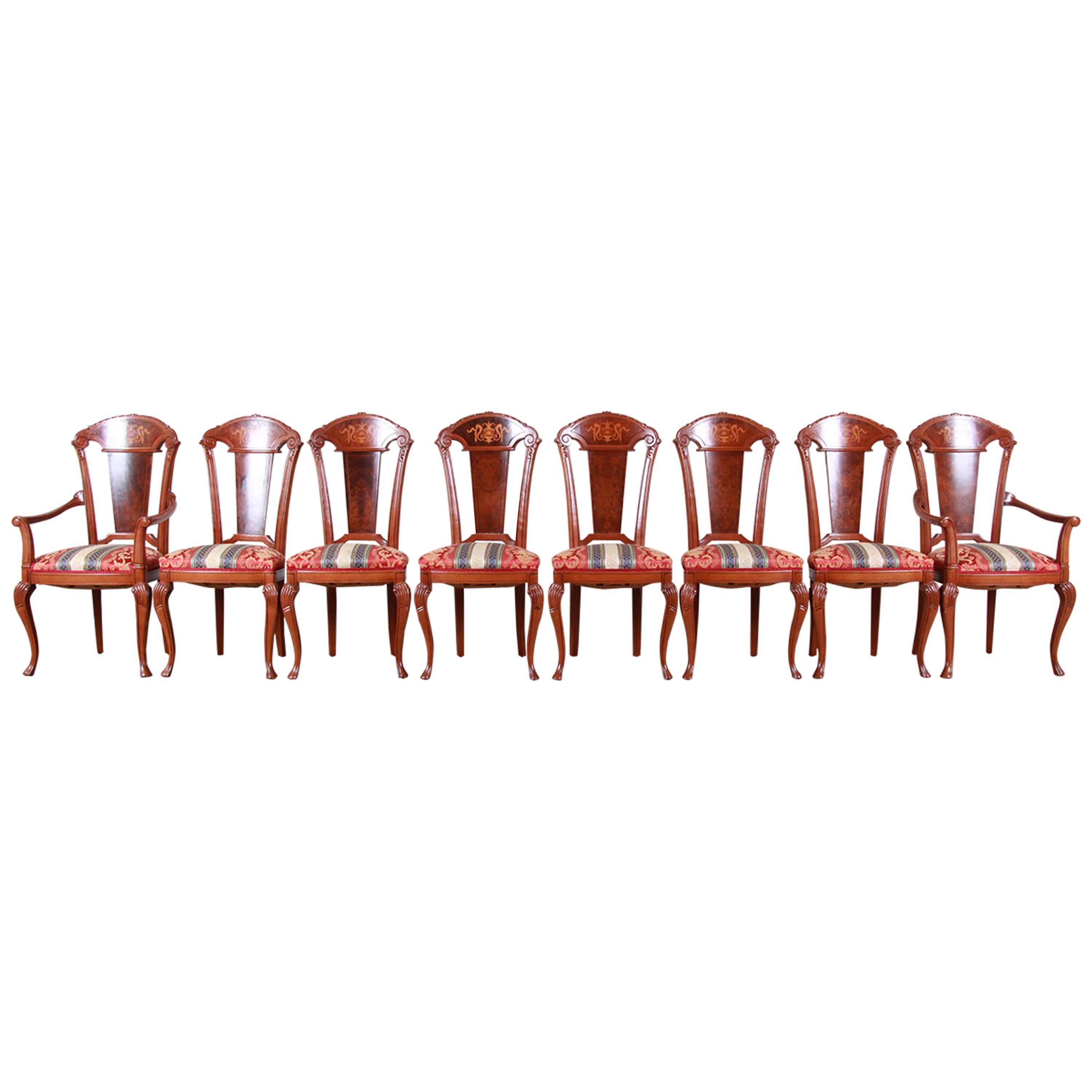 Classic Italian Baroque Carved and Inlaid Dining Chairs, Set of Eight