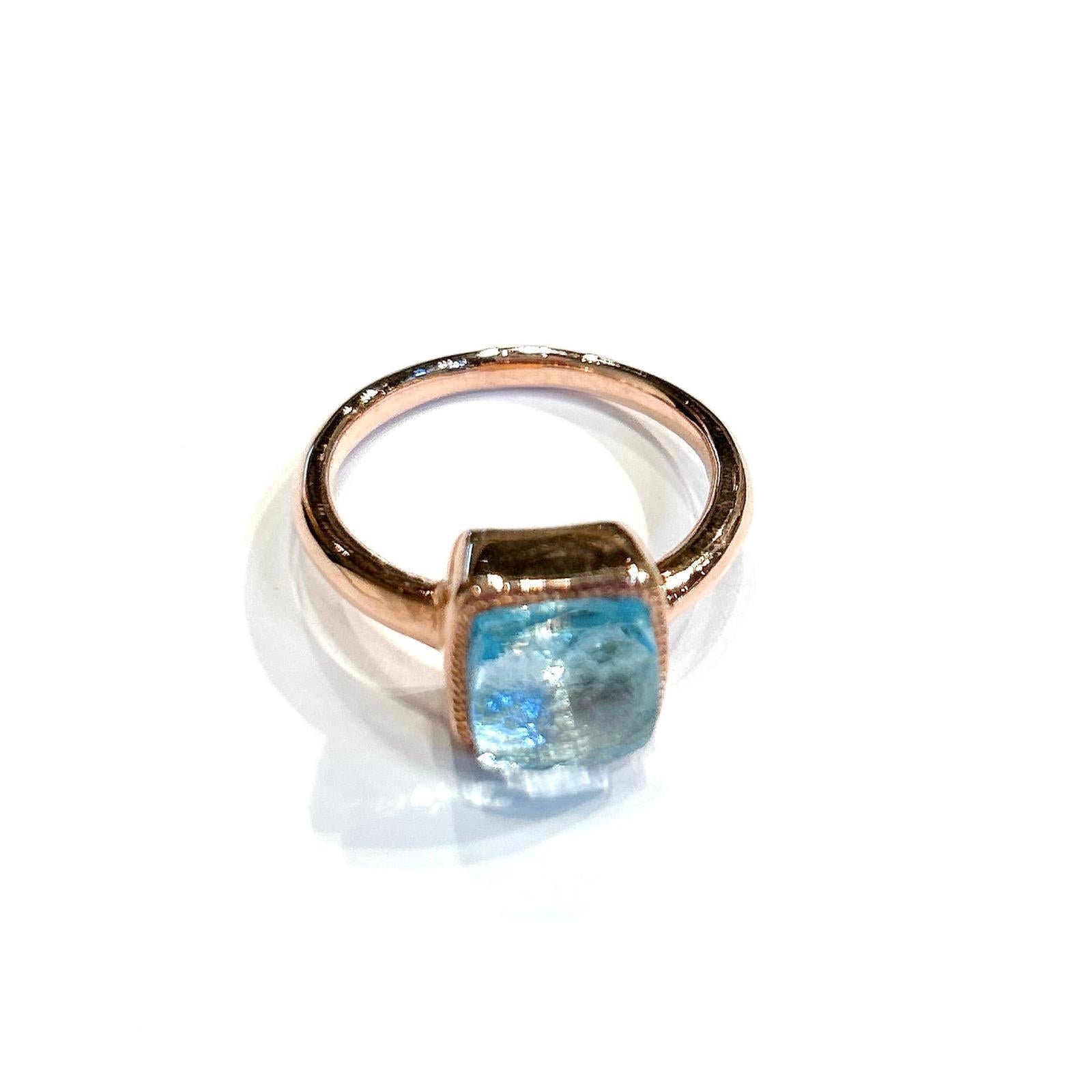 Square Cut Classic Italian Bochic “Capri” Blue Aquamarine Ring Set In 18K Gold & Silver For Sale