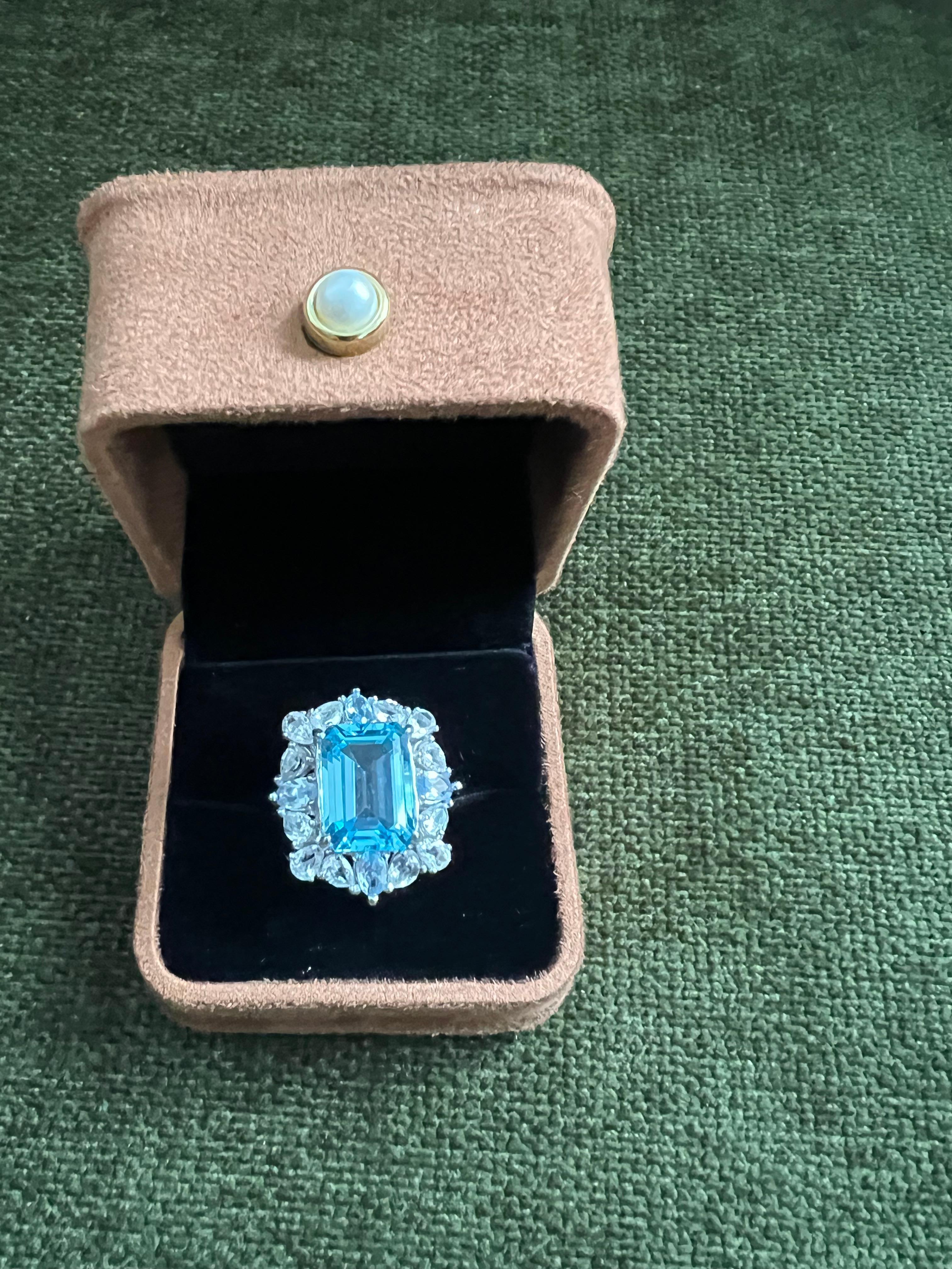 Classic Italian Bochic “Capri” Blue Topaz Ring Set In 18K Gold & Silver 

Natural Blue Topaz, Emerald Cut Shape 
14,00 carats 
Natural Multi White Topaz
4.00 carats 

This Ring is from the 
