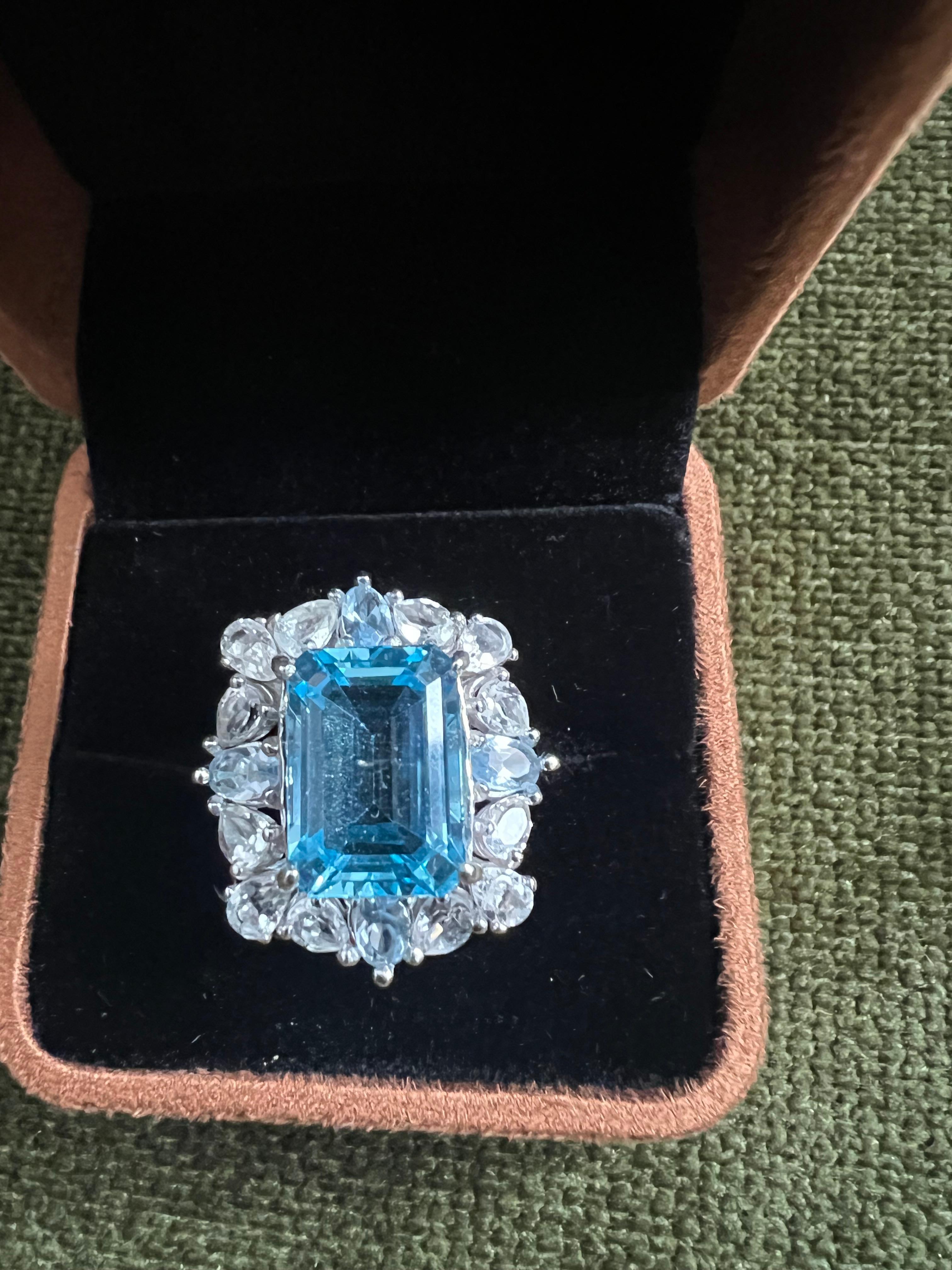 Classical Roman Classic Italian Bochic “Capri” Blue Topaz Cocktail Ring Set 18K Gold & Silver For Sale