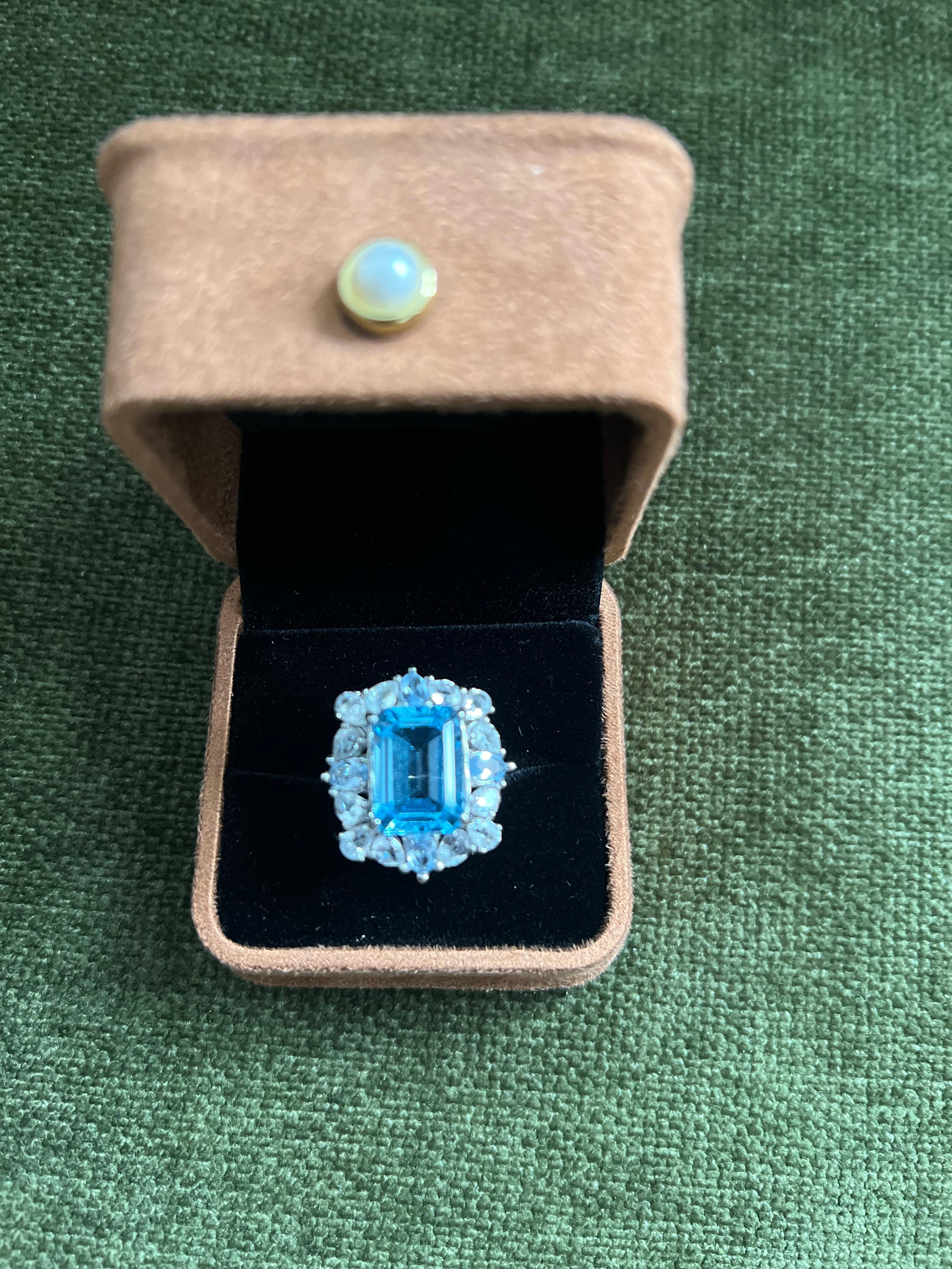 Women's or Men's Classic Italian Bochic “Capri” Blue Topaz Cocktail Ring Set 18K Gold & Silver For Sale