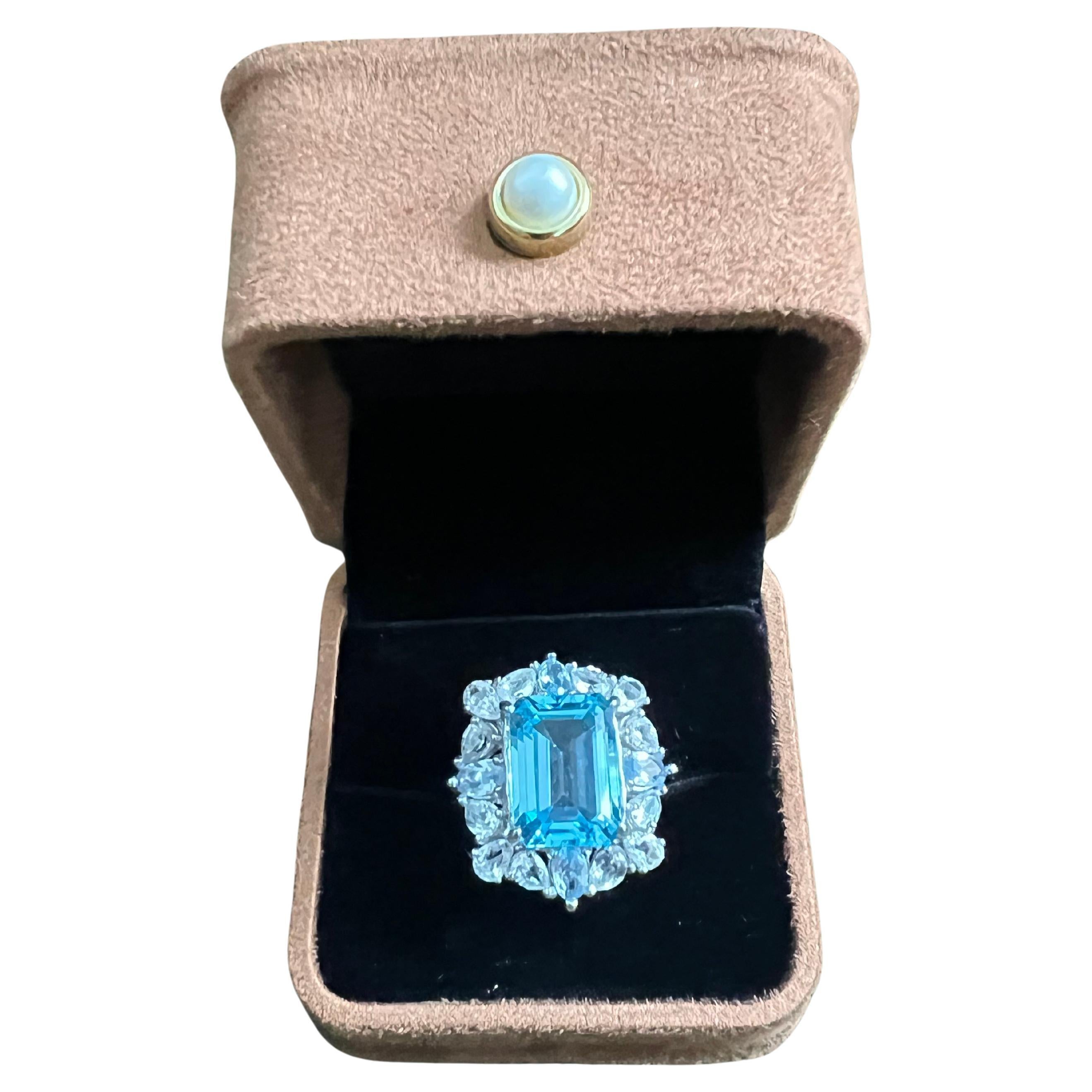 Classic Italian Bochic “Capri” Blue Topaz Cocktail Ring Set 18K Gold & Silver