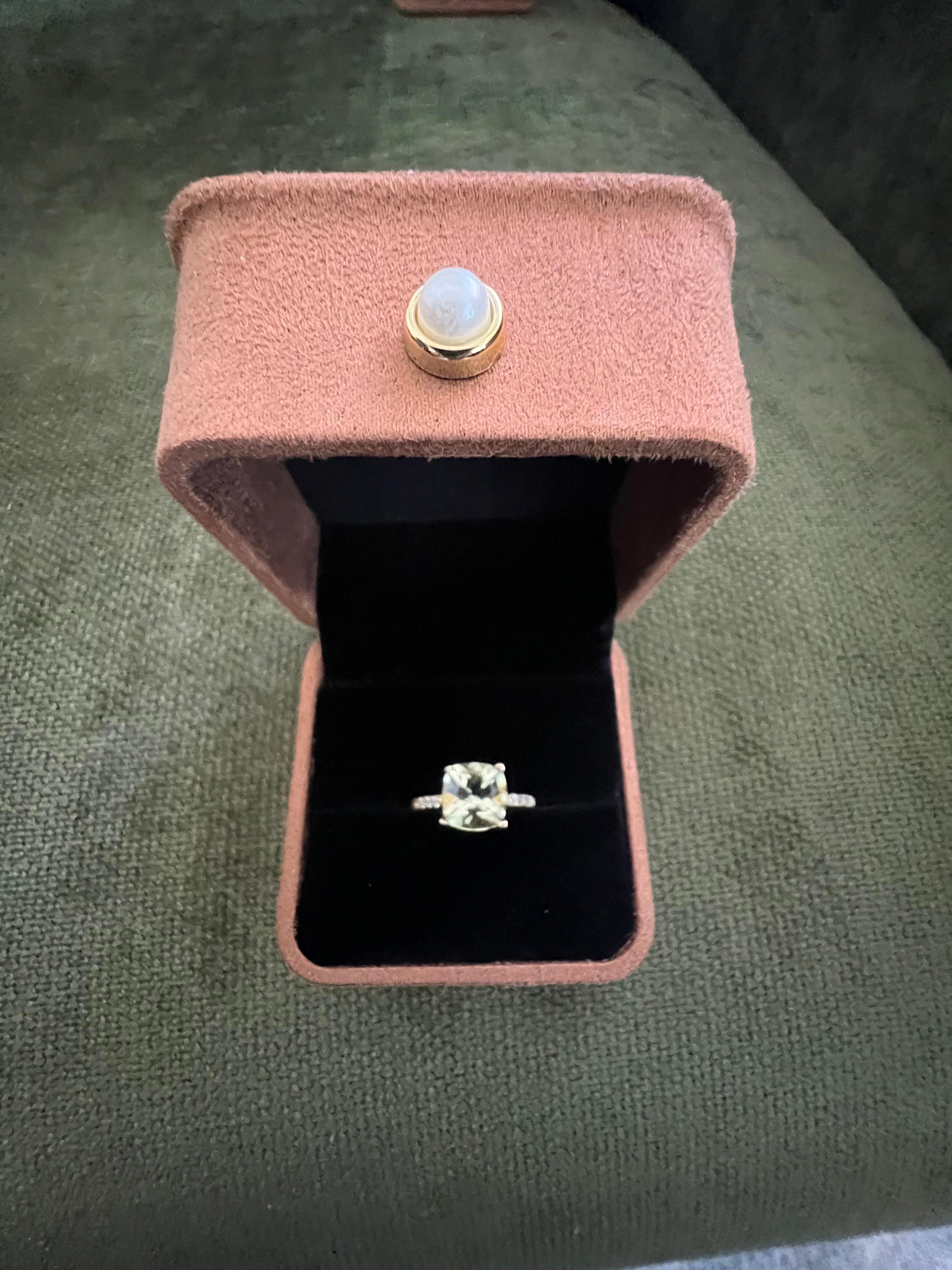 Square Cut Classic Italian Bochic “Capri” Lemon Green Topaz Ring Set In 18K Gold & Silver For Sale