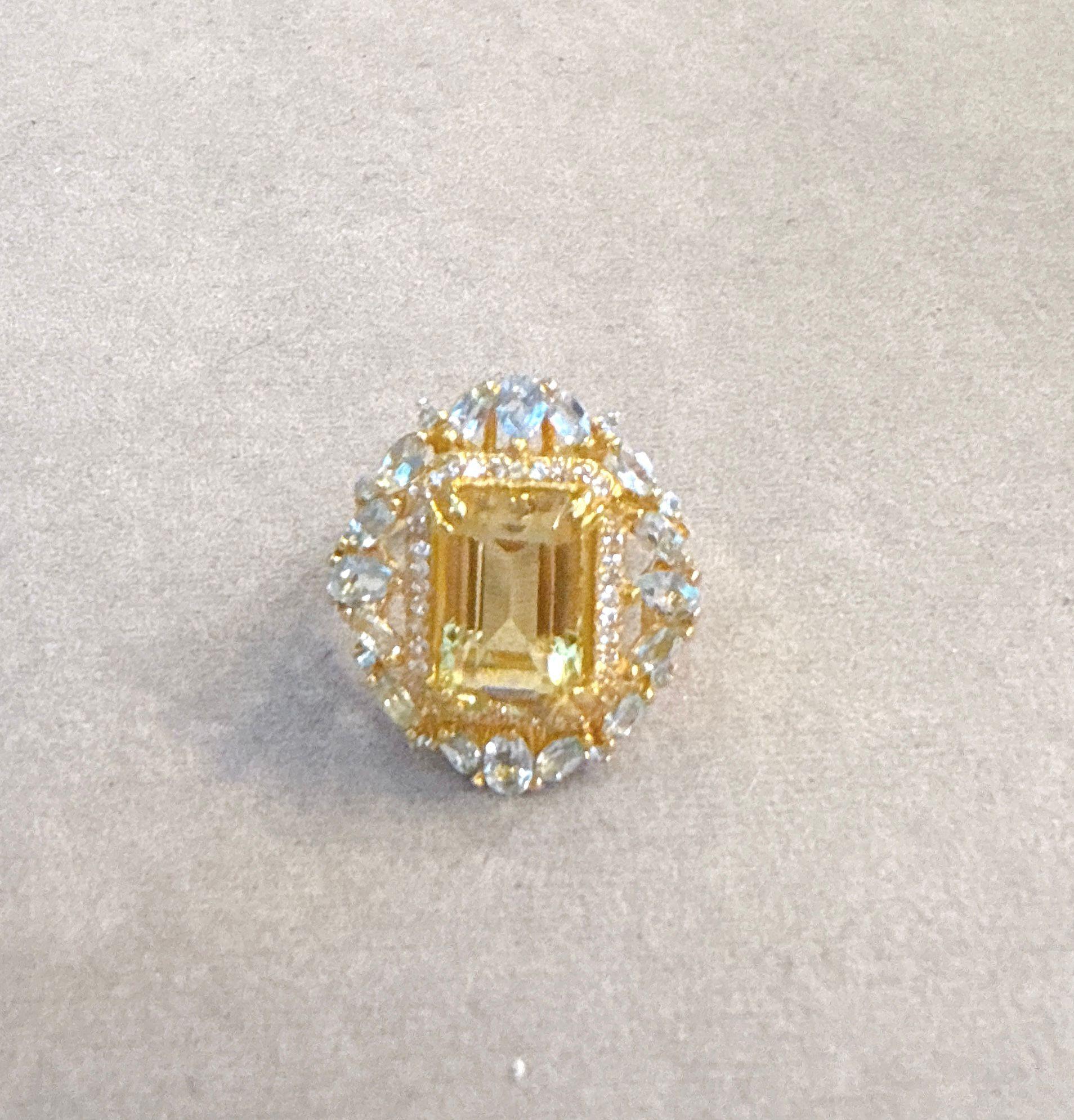Emerald Cut Classic Italian Bochic “Capri Lemon Topaz & Gem Ring Set In 18K Gold & Silver For Sale