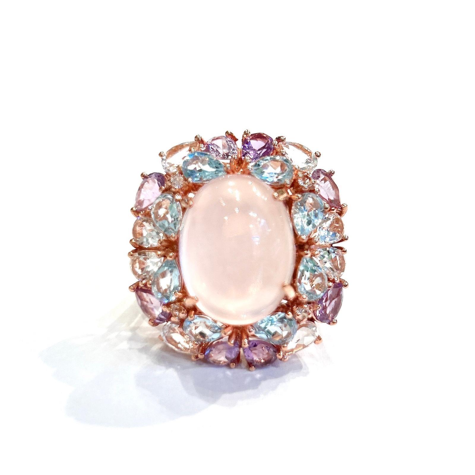 Classic Italian Bochic “Capri Pink Quartz & Gems Ring Set In 18K Gold & Silver 

Natural Pink Quartz, Oval Shape - 2.00 carats 
Natural Multi Amethyst, Appetite and Blue Topaz
3.00 carats 

This Ring is from the 