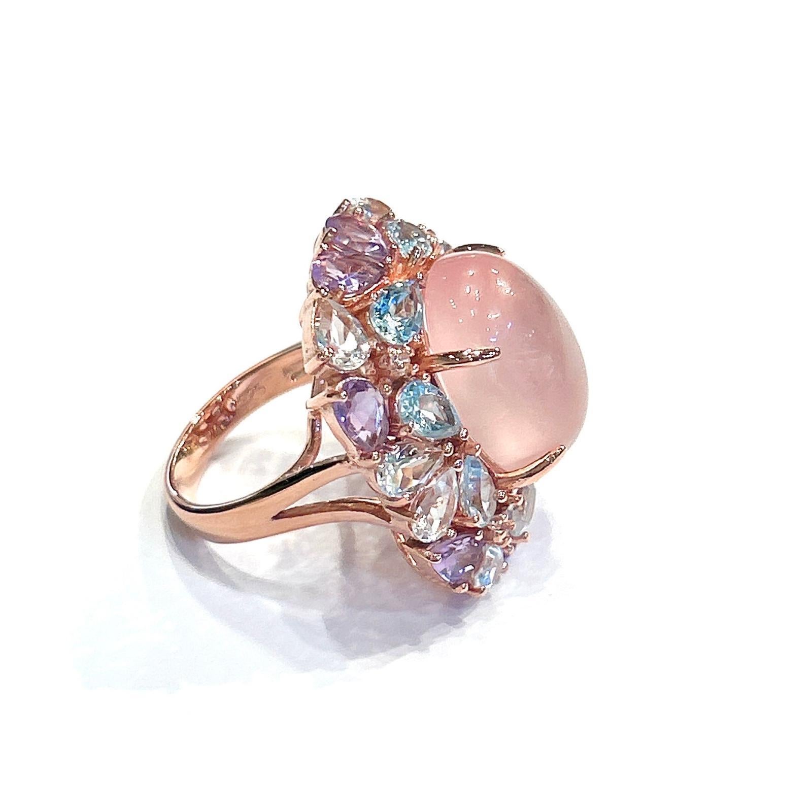 Art Nouveau Classic Italian Bochic “Capri Pink Quartz & Gems Ring Set In 18K Gold & Silver For Sale