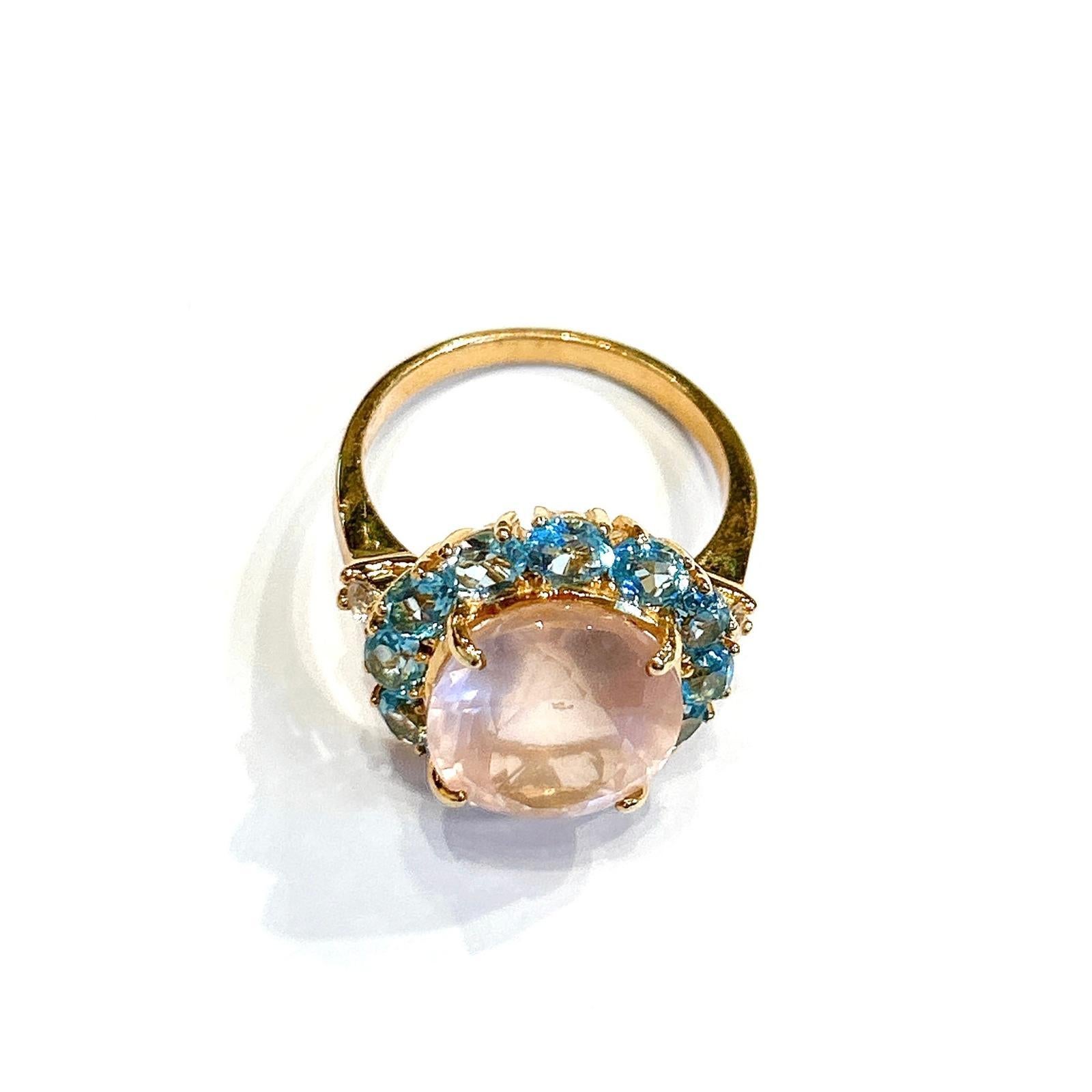 Baroque Revival Classic Italian Bochic “Capri Pink Quartz & Gems Ring Set In 18K Gold & Silver For Sale