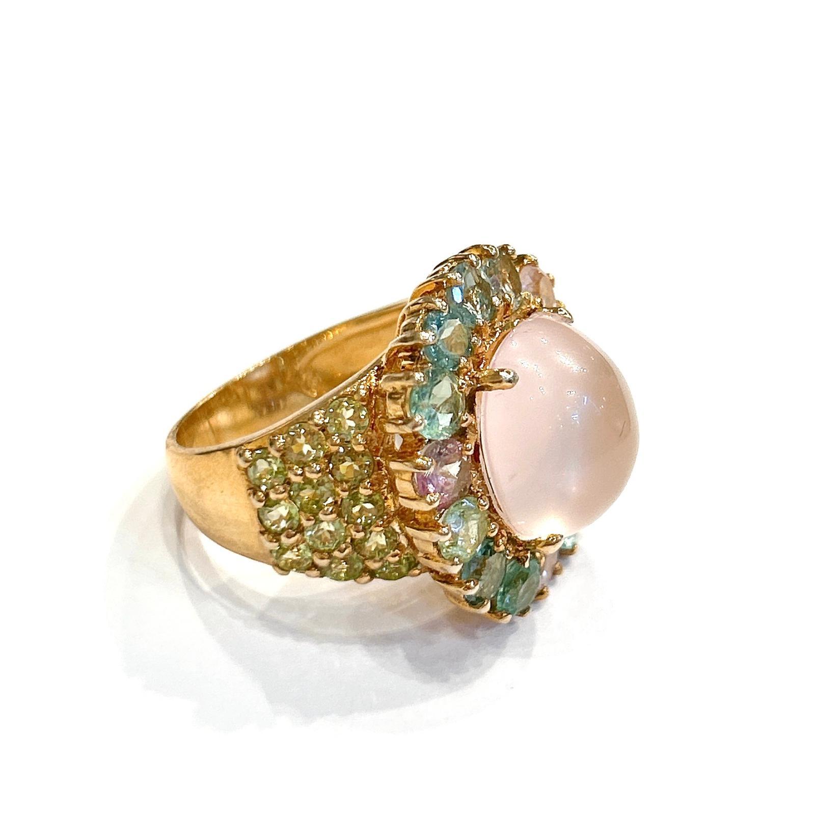 Brilliant Cut Classic Italian Bochic “Capri Pink Quartz & Gems Ring Set In 18K Gold & Silver For Sale