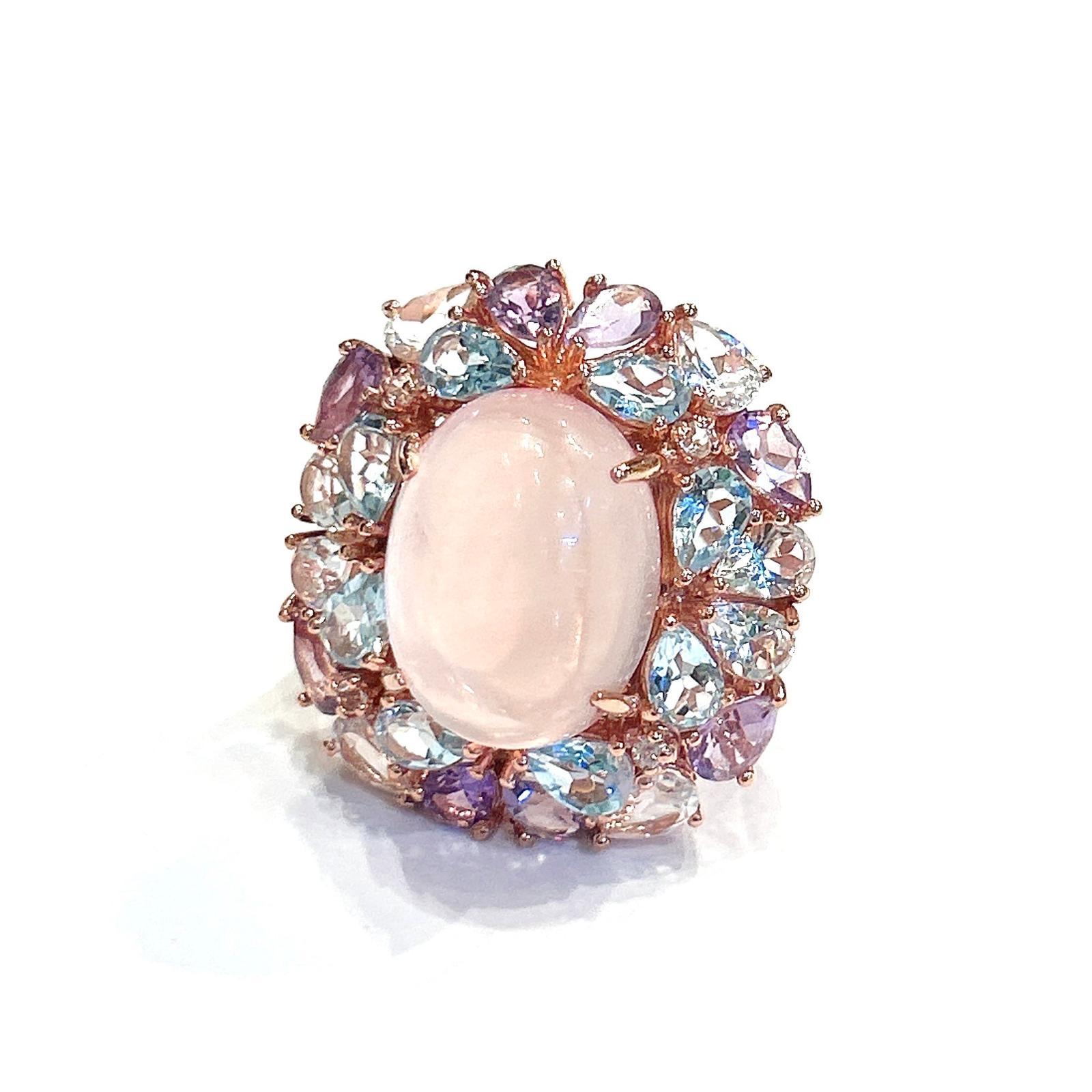 Brilliant Cut Classic Italian Bochic “Capri Pink Quartz & Gems Ring Set In 18K Gold & Silver For Sale