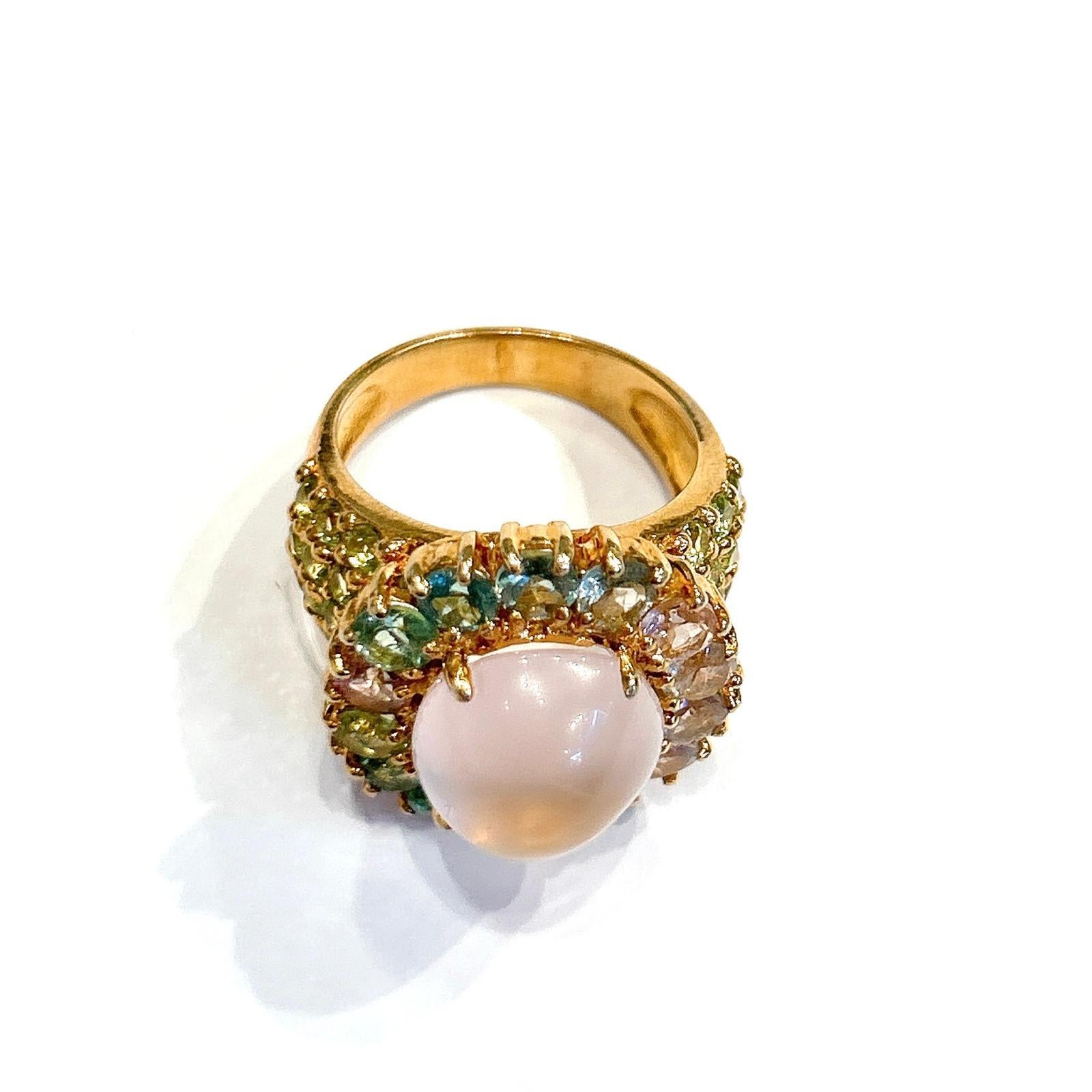 Women's or Men's Classic Italian Bochic “Capri Pink Quartz & Gems Ring Set In 18K Gold & Silver For Sale