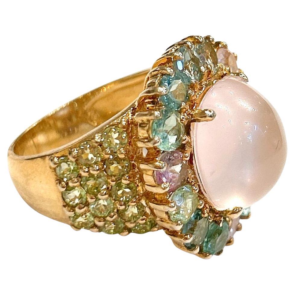 Classic Italian Bochic “Capri Pink Quartz & Gems Ring Set In 18K Gold & Silver