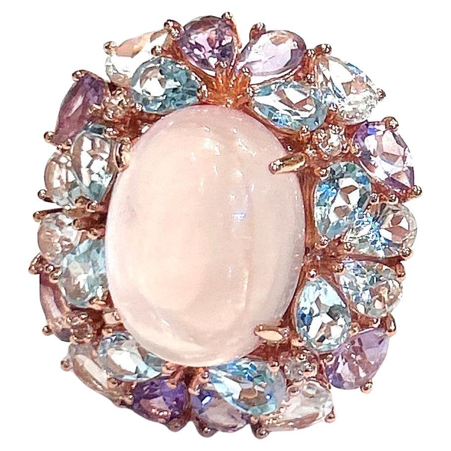 Classic Italian Bochic “Capri Pink Quartz & Gems Ring Set In 18K Gold & Silver For Sale