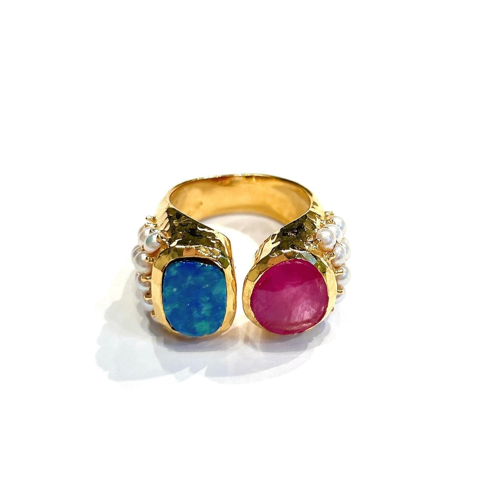 Classic Italian Bochic “Capri Ruby & Blue Opal Ring Set In 18K Gold & Silver For Sale 5