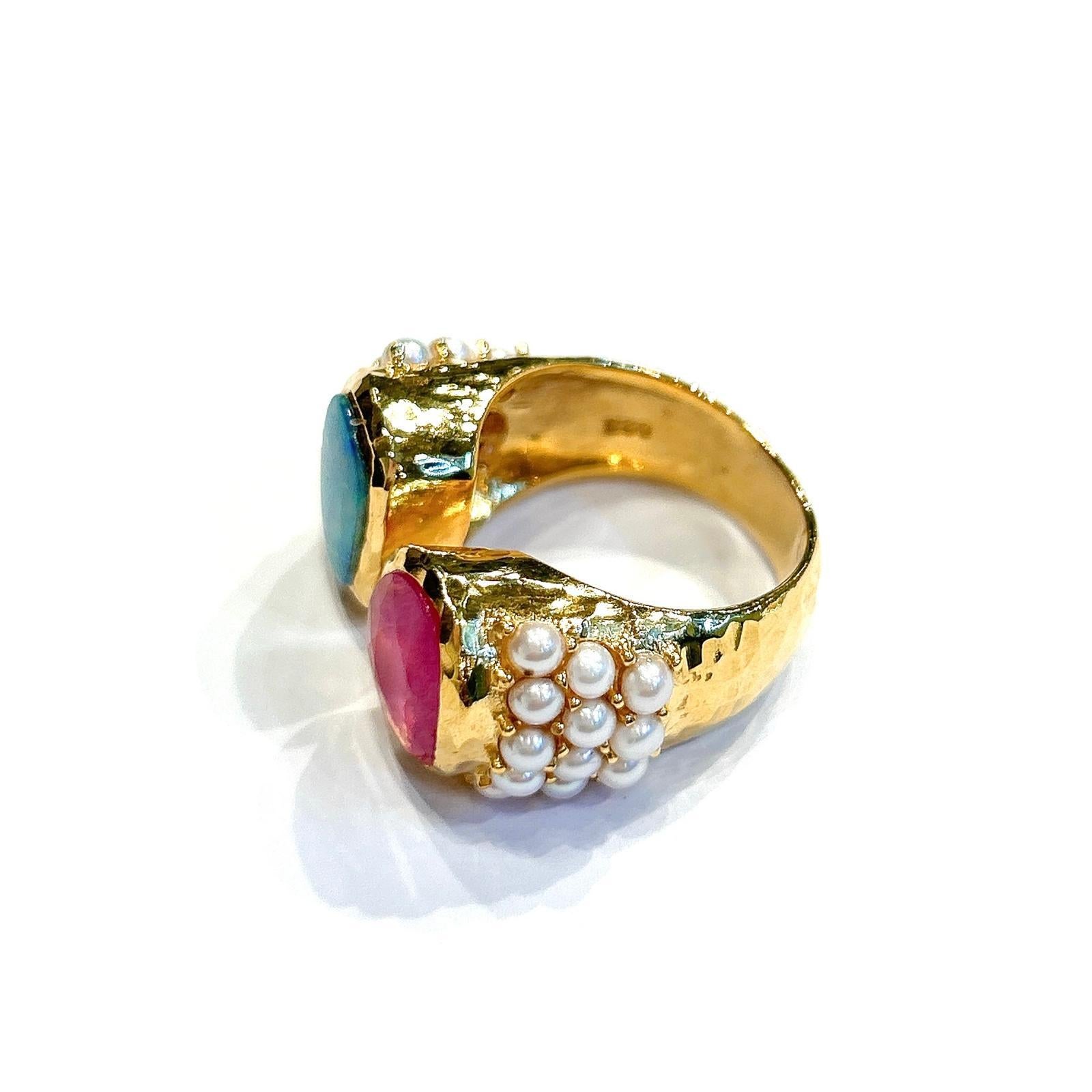 Cabochon Classic Italian Bochic “Capri Ruby & Blue Opal Ring Set In 18K Gold & Silver For Sale
