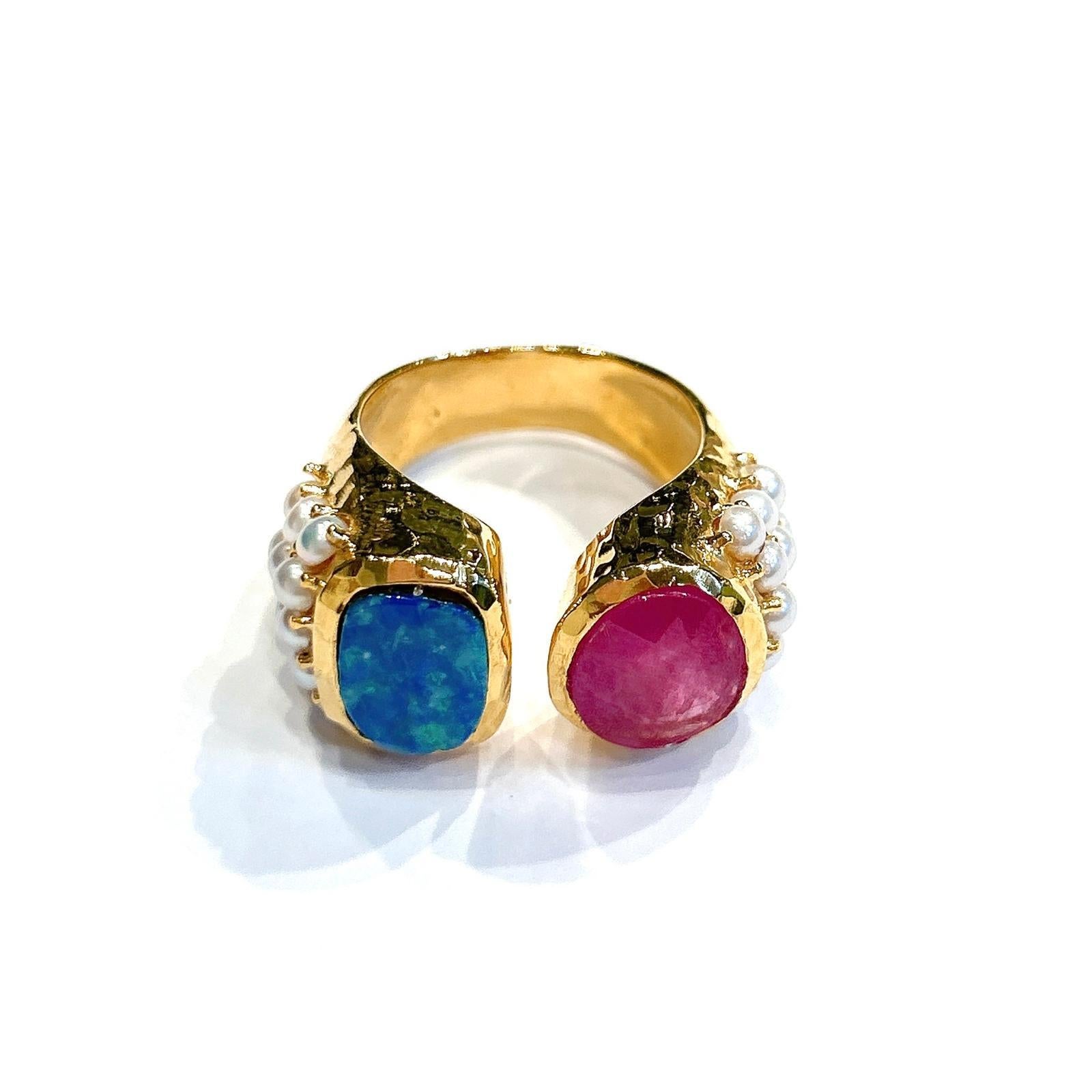 Classic Italian Bochic “Capri Ruby & Blue Opal Ring Set In 18K Gold & Silver For Sale 1
