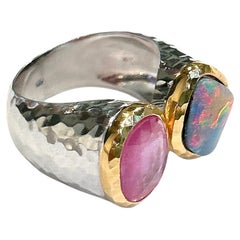 Classic Italian Bochic “Capri Ruby & Blue Opal Ring Set In 18K Gold & Silver