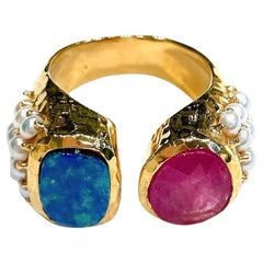 Classic Italian Bochic “Capri Ruby & Blue Opal Ring Set In 18K Gold & Silver