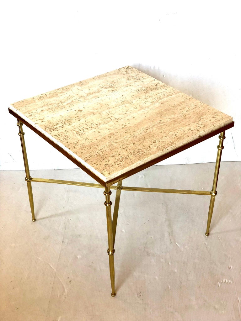Classic Italian Brass and Travertine Square Cocktail Table For Sale at