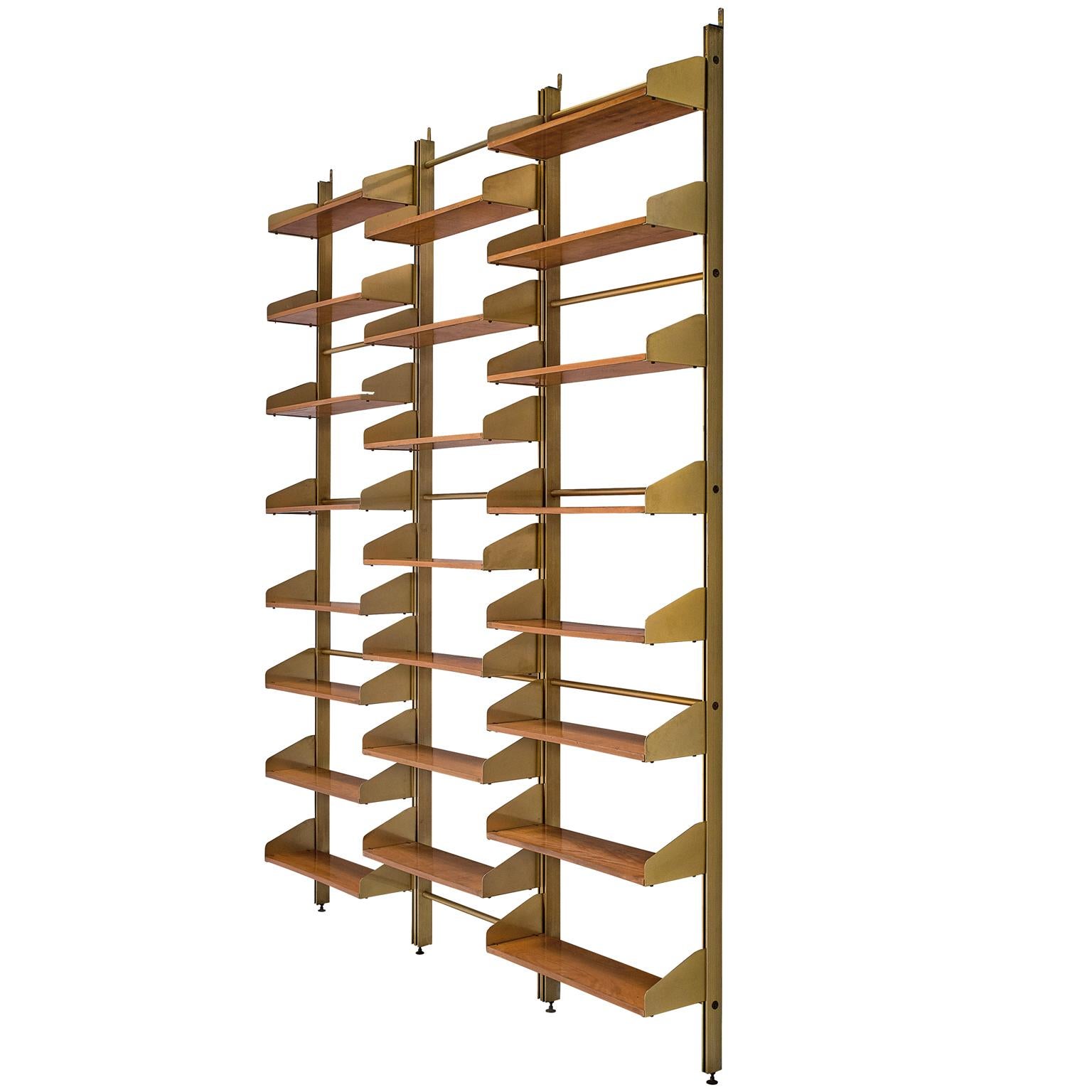 Classic Italian Brassed and Teak Wall Unit by Feal