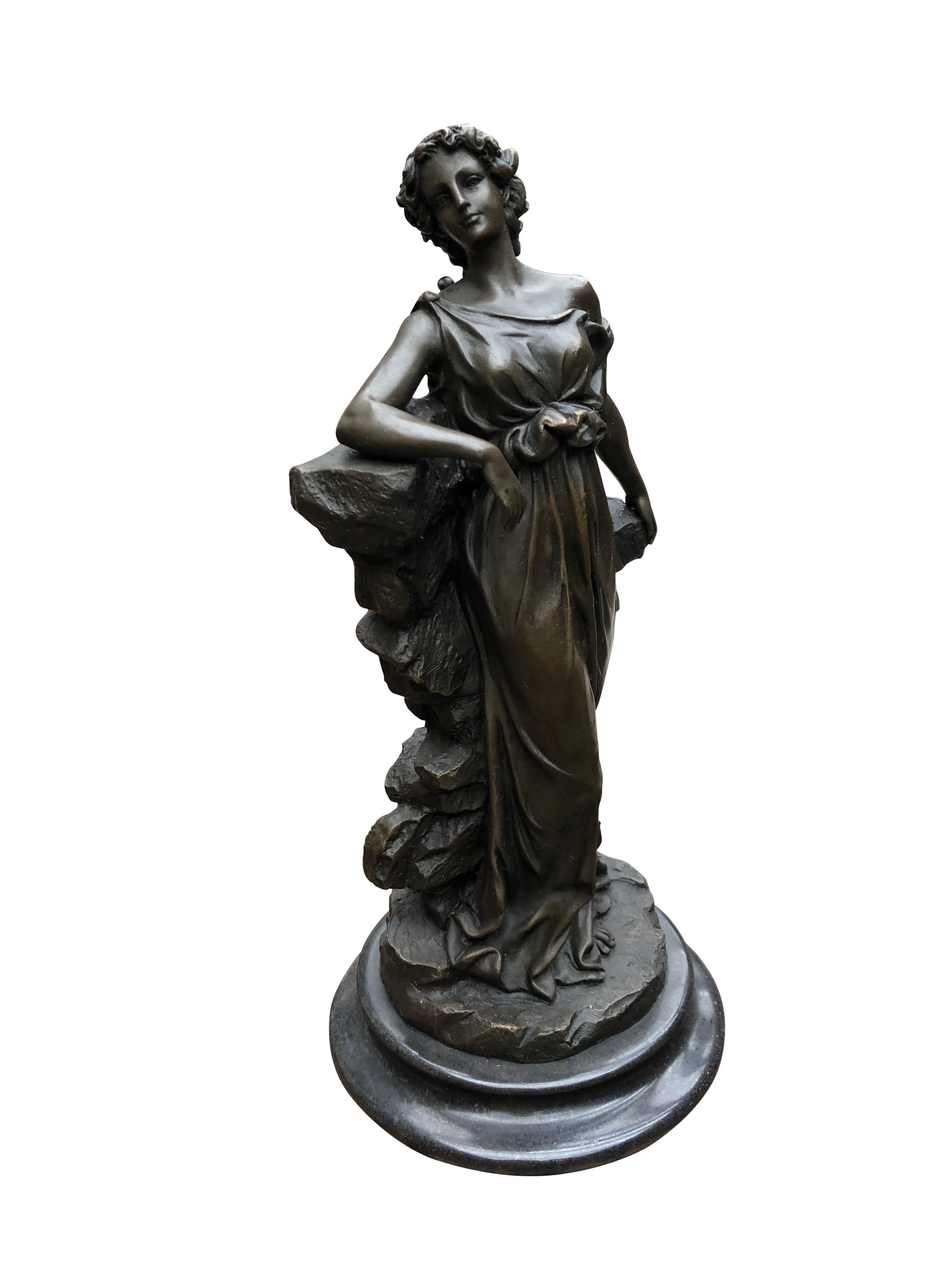 An elegant and stunning Italian bronze maiden statue signed Preif Toga figurine, 20th century. Piece is signed Preif on the back. Classical work of art really well executed by artists. Patina is superb, look at how the artist has rendered the folds