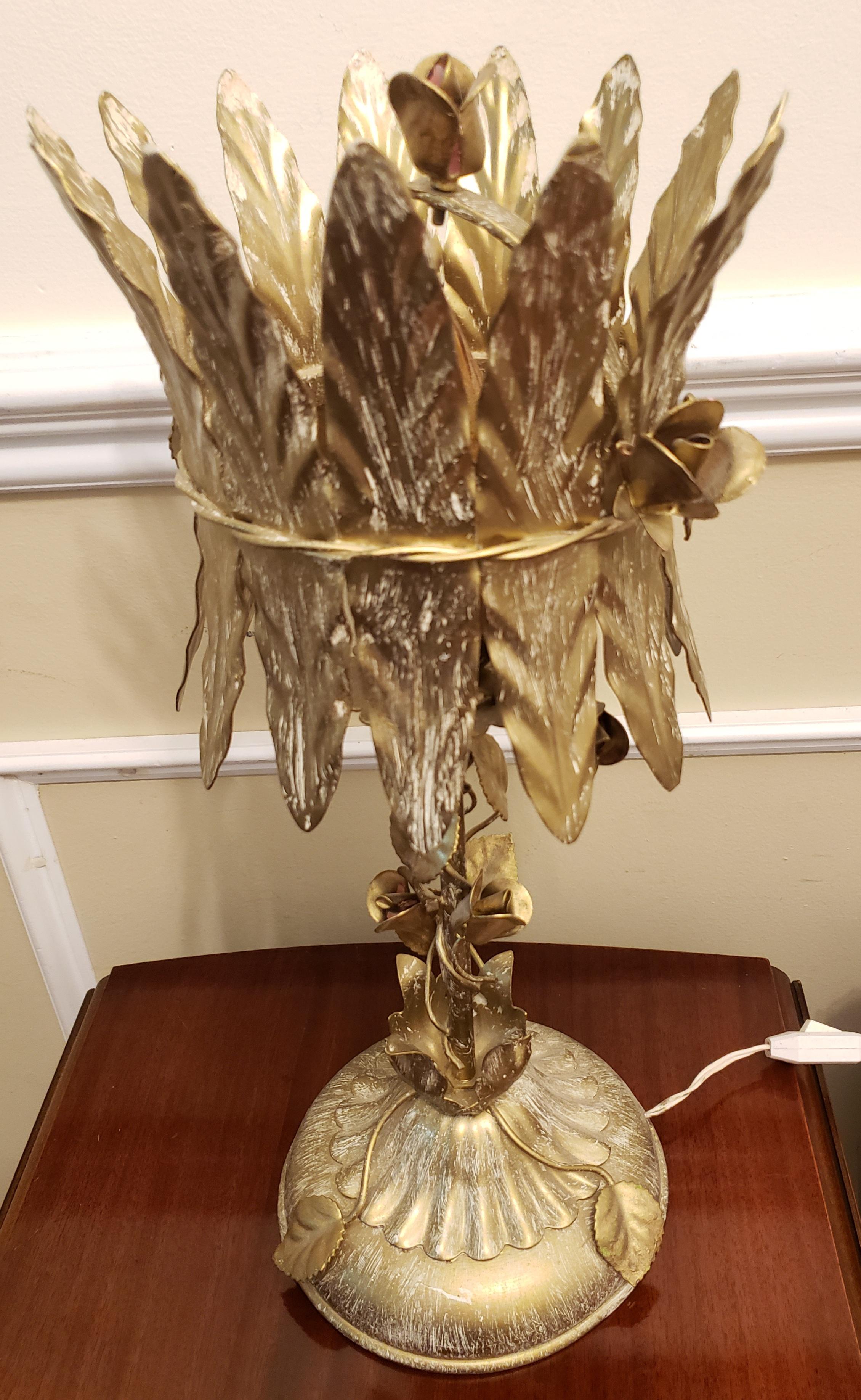 Classic Italian Florentine Tole Lamps with Gold Leaves and Stem and Rose Flowers In Good Condition In Germantown, MD
