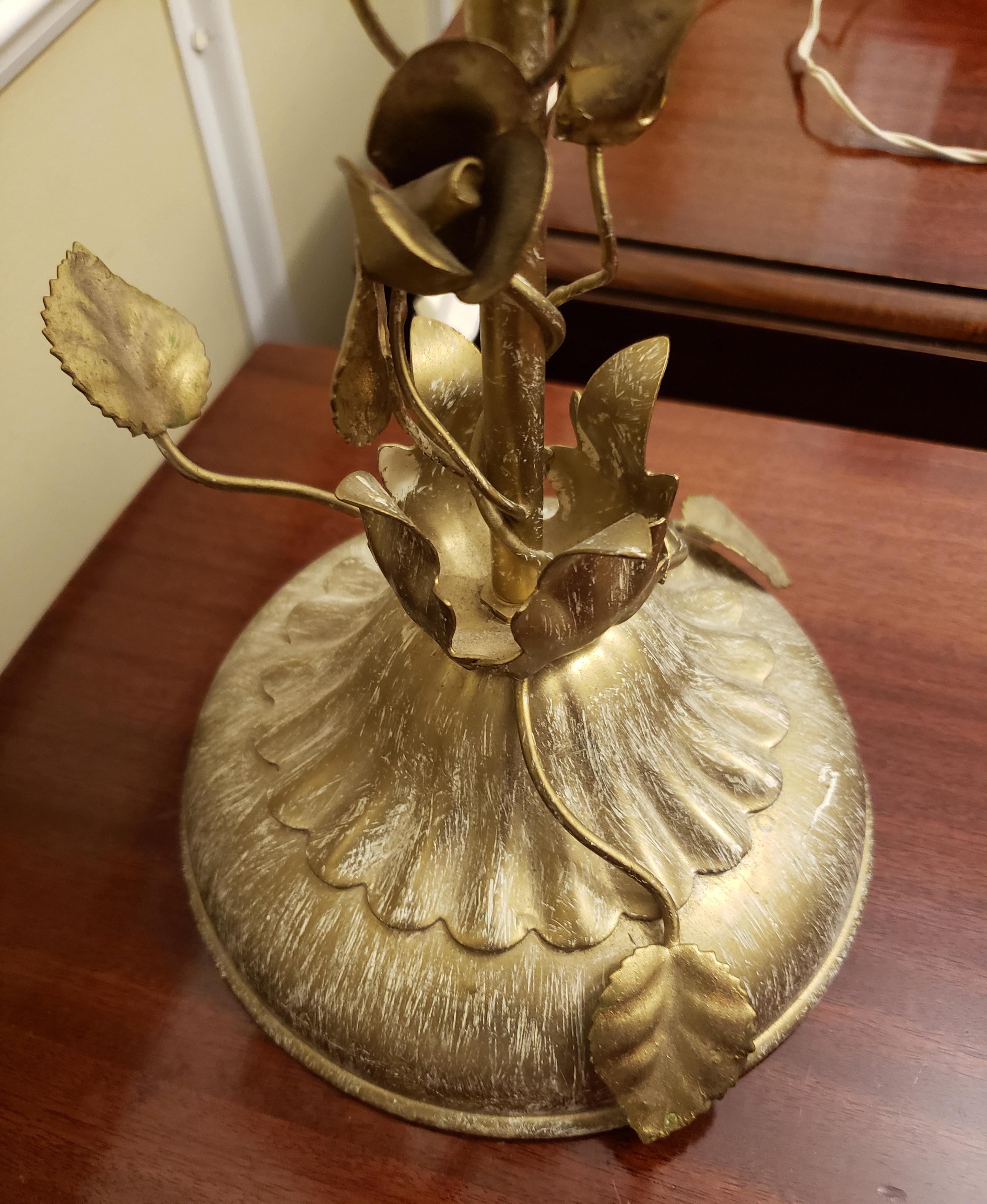 Classic Italian Florentine Tole Lamps with Gold Leaves and Stem and Rose Flowers 2